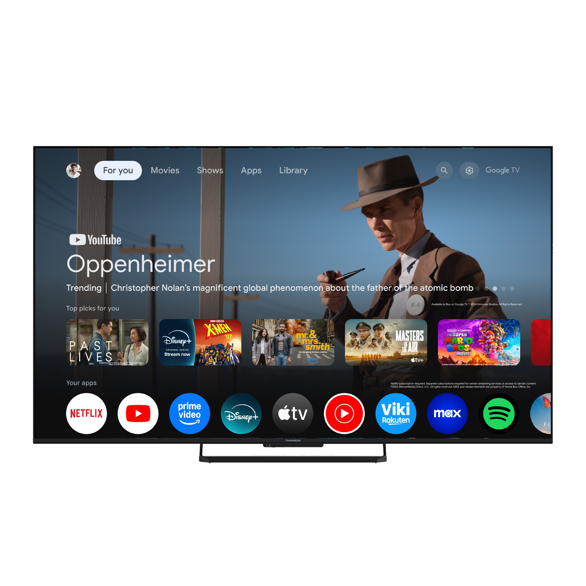 Bir TV, Google TV arayüzünü görüntülüyor. Ana ekran 'Oppenheimer' filmini tanıtıyor. Netflix, YouTube ve Disney+ gibi uygulamaların simgeleri görülebilir.
