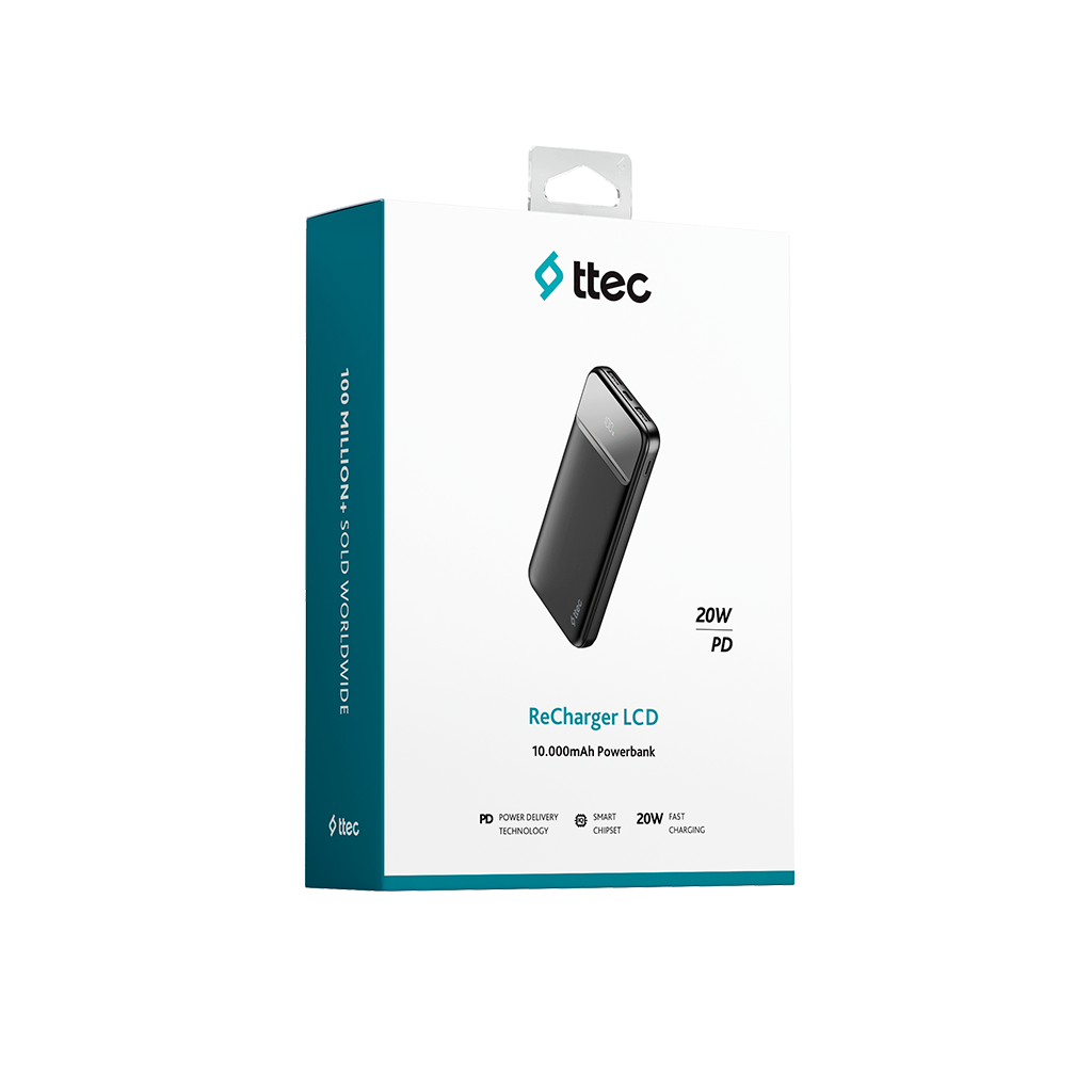 Görsel, siyah bir güç bankası olan beyaz bir kutudur. Ttec logosunu ve 'ReCharger LCD 10.000mAh Powerbank' ifadesini içerir.
