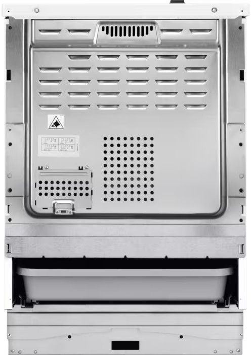 Tył srebrnego piekarnika. Ma system wentylacji u góry, perforowaną sekcję i wysuwaną tacę na dole.