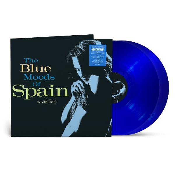 Ein Vinyl-Schallplattenalbum mit dem Titel 'The Blue Moods of Spain' mit einer blauen Vinyl-Schallplatte. Das Cover zeigt eine Frau.