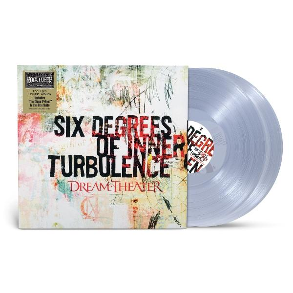 Albumcover für Dream Theater's "Six Degrees of Inner Turbulence". Weißes Cover mit Text und Kunst. Eine transparente Schallplatte ist sichtbar.