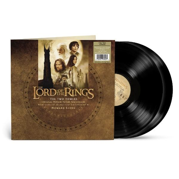 The Lord of the Rings: The Two Towers Soundtrack. Albumcover mit Charakteren und schwarzen Vinylplatten.