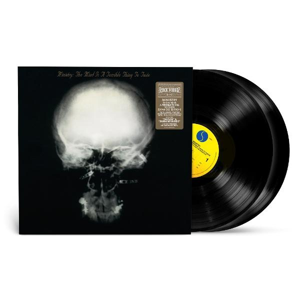 Albumcover mit Schädelbild. Rechts sind zwei schwarze Schallplatten. Das Album trägt den Titel "Ministry: The Mind Is A Terrible Thing To Taste".