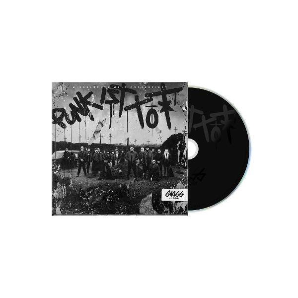CD-Album mit schwarzer Disc und Cover. Das Cover zeigt eine Gruppe von Menschen, den Text 'PUNK IST TOT' und ein Logo. Schwarz und Weiß.