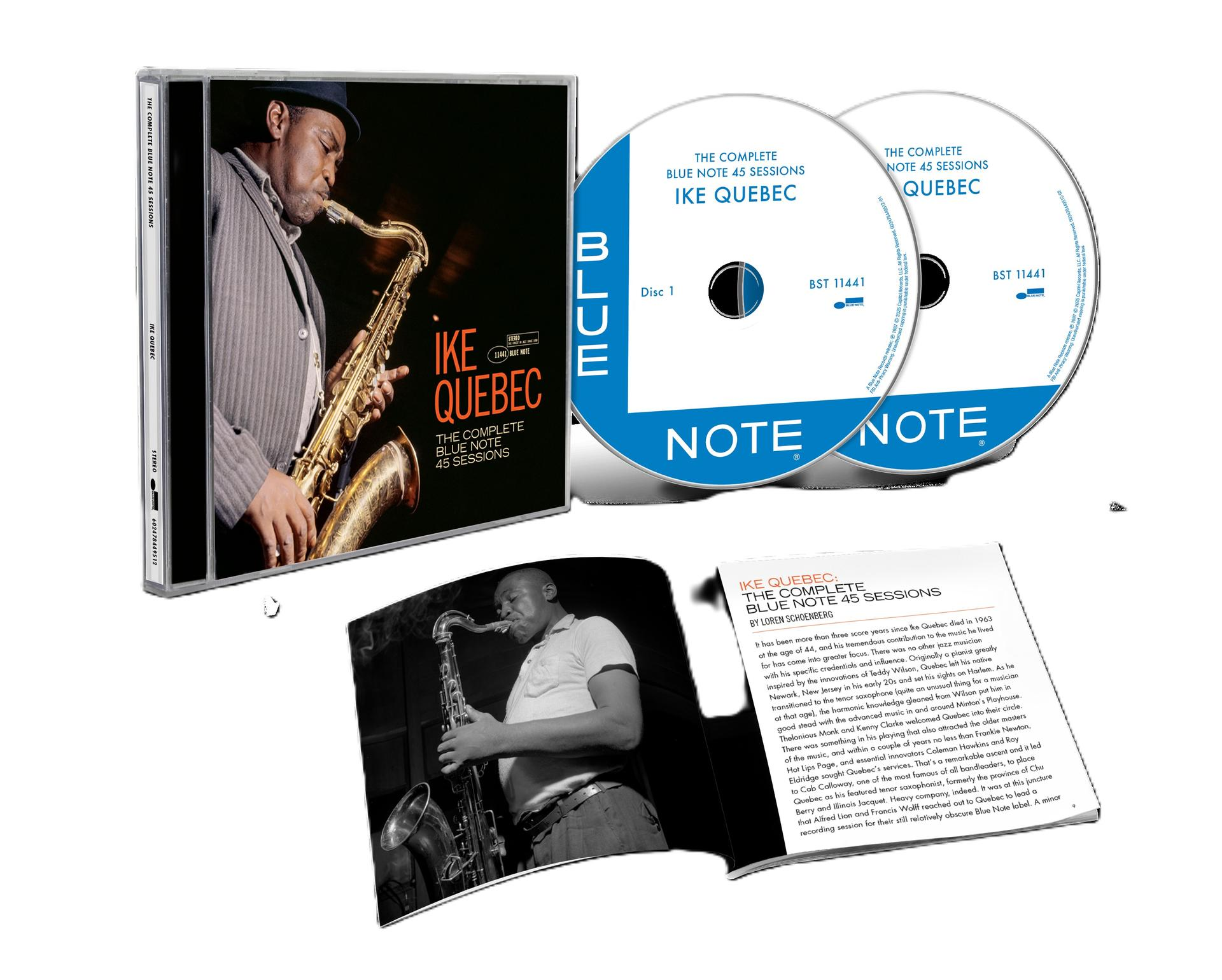 Albumcover mit Mann am Saxophon, CD und Text. Das Album heißt 'Ike Quebec: The Complete Blue Note 45 Sessions'.