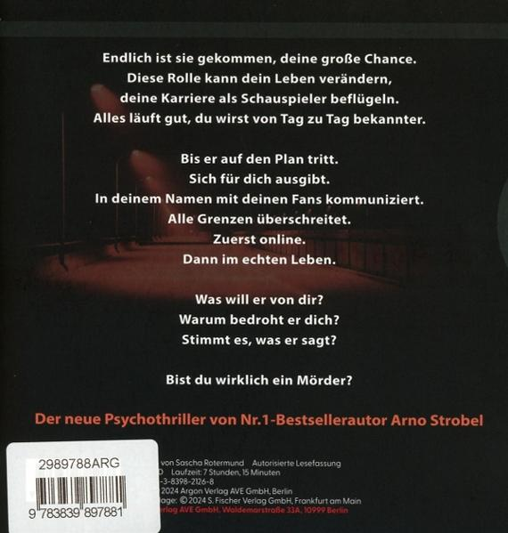 Buchcover mit deutschem Text. Titel: Der neue Psychothriller. Autor: Arno Strobel. Barcode und Details unten.