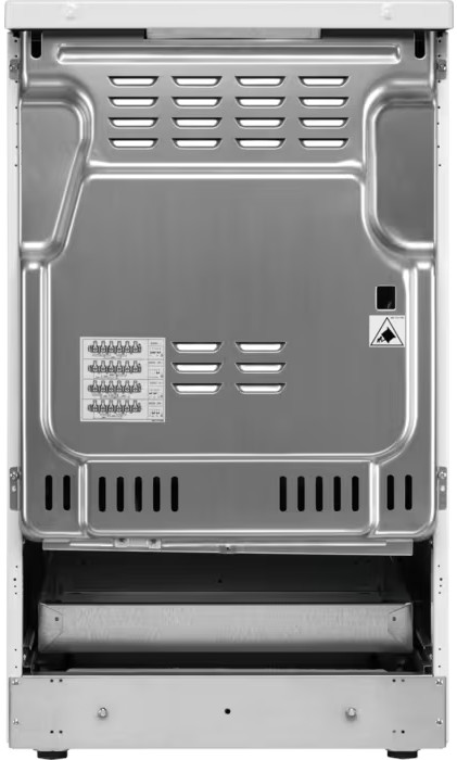 Tył białego piekarnika. Ma srebrny metalowy panel tylny ze szczelinami wentylacyjnymi i wysuwaną szufladą u dołu.