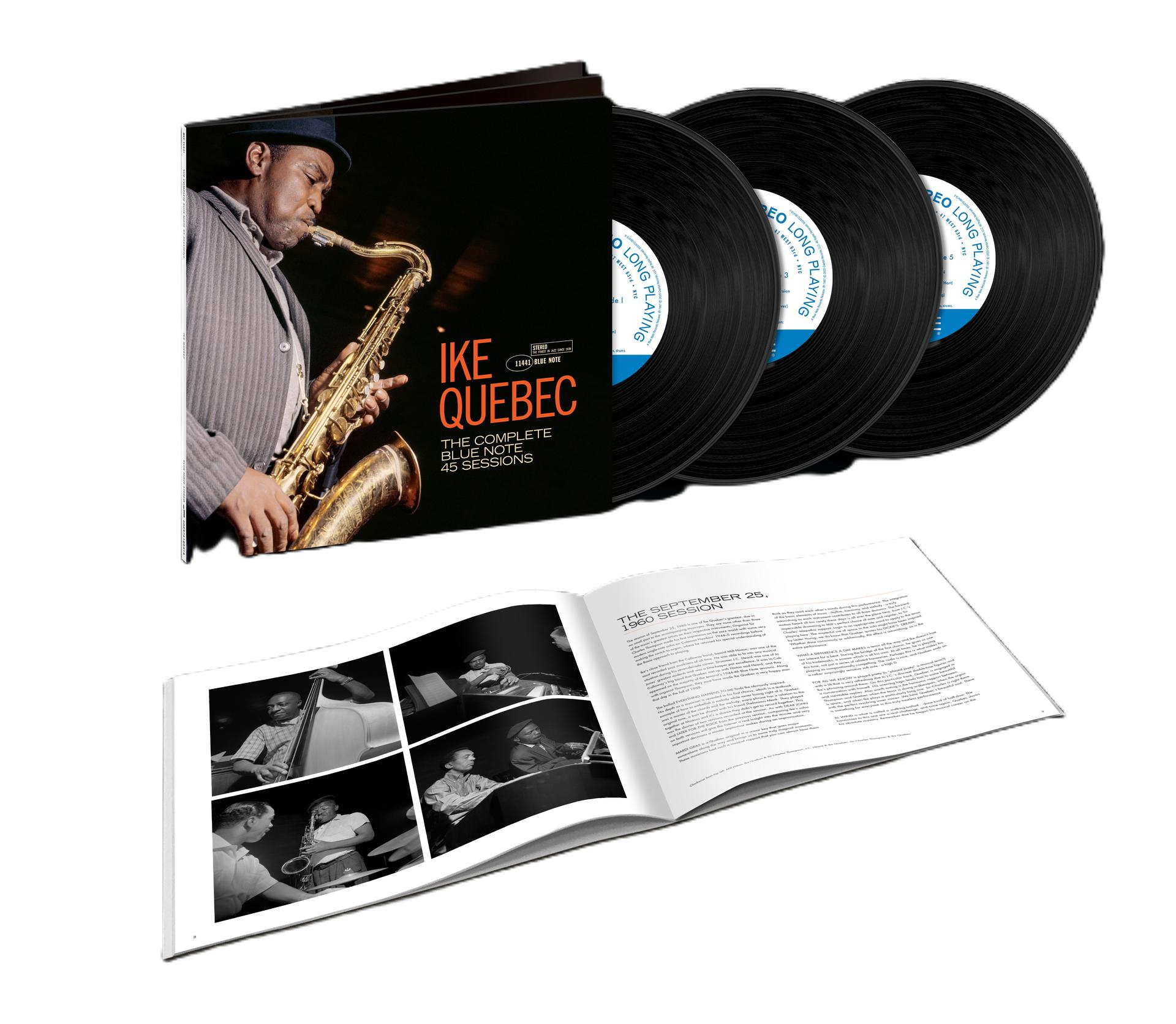 Albumcover von Ike Quebec mit Saxophon, drei Schallplatten und einem geöffneten Booklet mit Schwarzweißfotos.