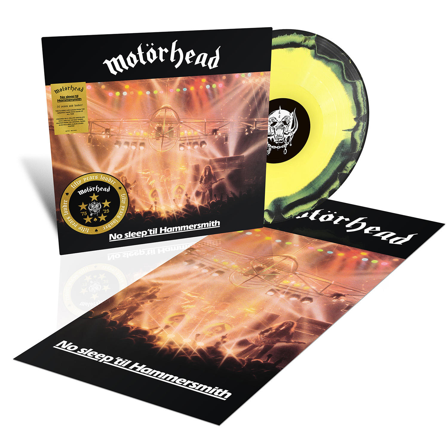 Eine Schallplatte und ein Albumcover von Motörheads 'No Sleep 'til Hammersmith'. Die Schallplatte ist gelb und schwarz. Das Cover zeigt ein Live-Konzert.