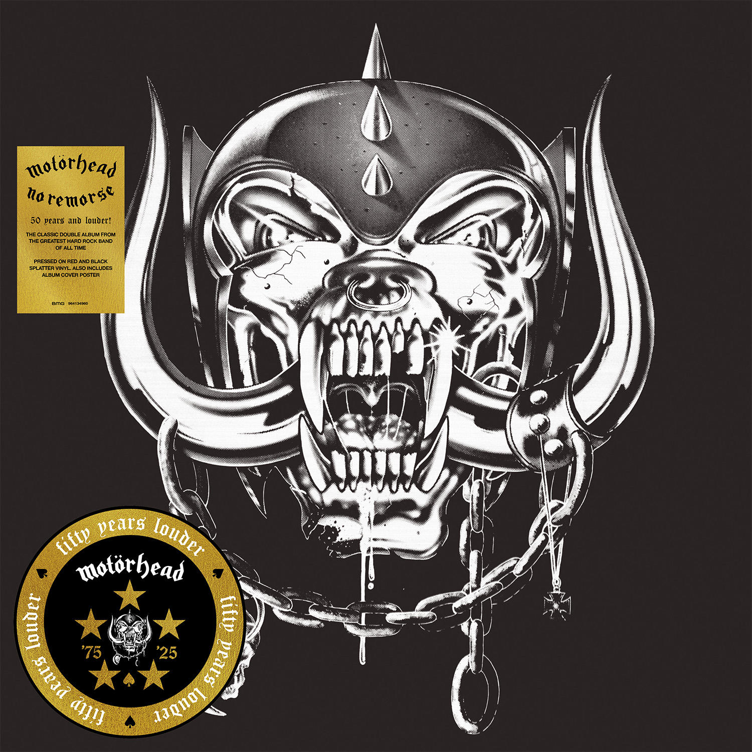 Albumcover. Schädel mit Hörnern, Kette und Stacheln, mit dem Text "motörhead". Schwarzer Hintergrund mit goldenen und weißen Akzenten.