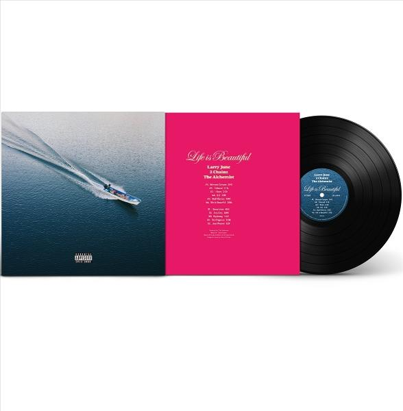 Albumcover mit Boot auf Wasser, pinkfarbenem Panel mit Text und Schallplatte. Das Album heißt "Life is Beautiful".