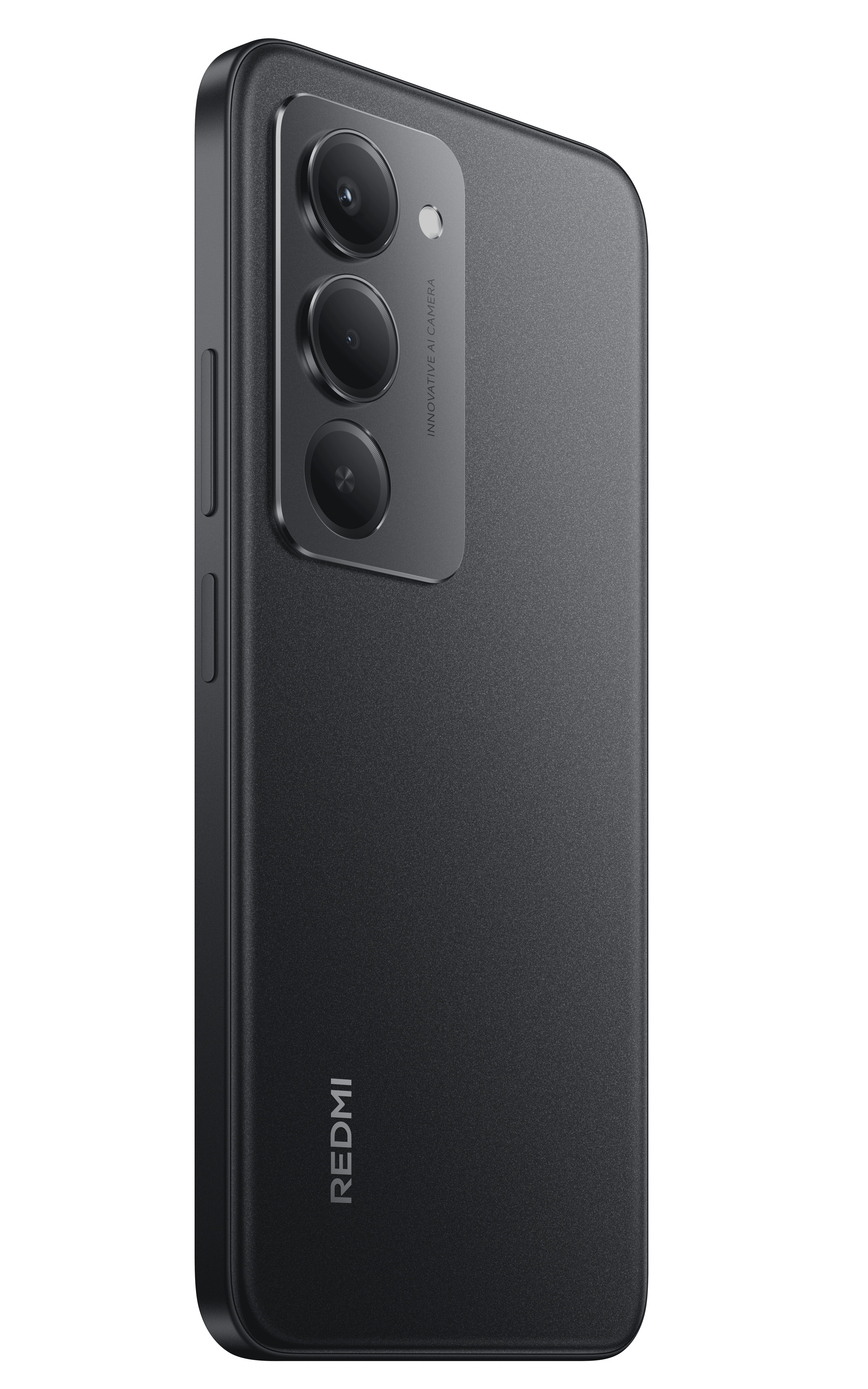 Siyah akıllı telefon, Redmi markası, üç kamera ve flaşlı. Arka plan düz siyah.
