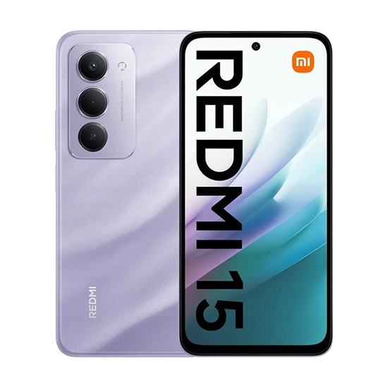 Mor renkli bir Redmi 15 akıllı telefon. Ekran, Redmi logosunu ve dalgaları gösteriyor. Arka tarafında kameralar var. Telefon beyaz bir arka plan üzerinde.