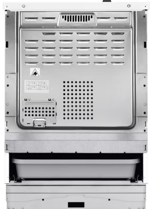 Tył srebrnego piekarnika. Posiada otwory wentylacyjne, małą tacę i różne metalowe części.