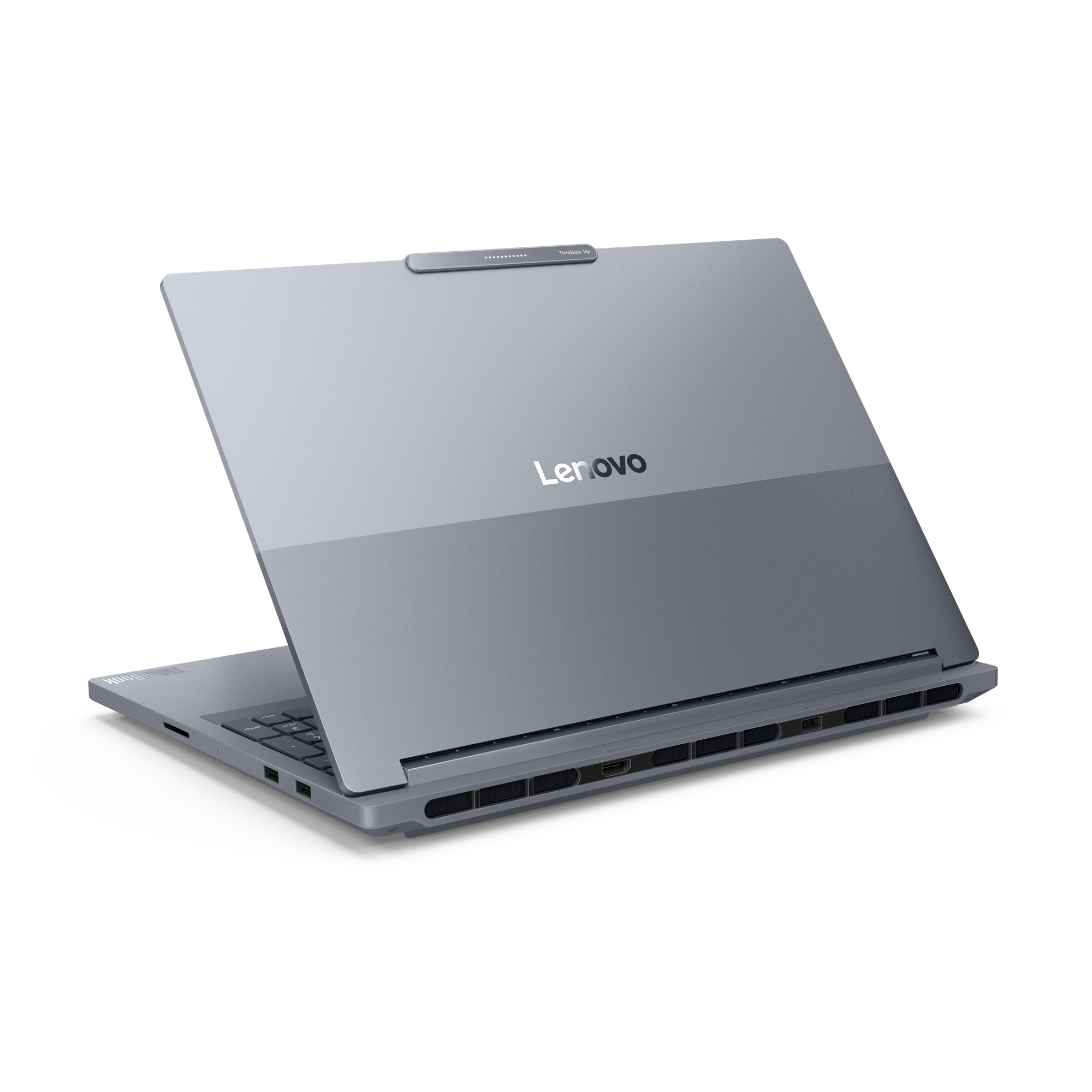 Ein graues Lenovo ThinkBook 16 Laptop ist auf schwarzem Hintergrund geöffnet. Das Lenovo-Logo ist sichtbar.