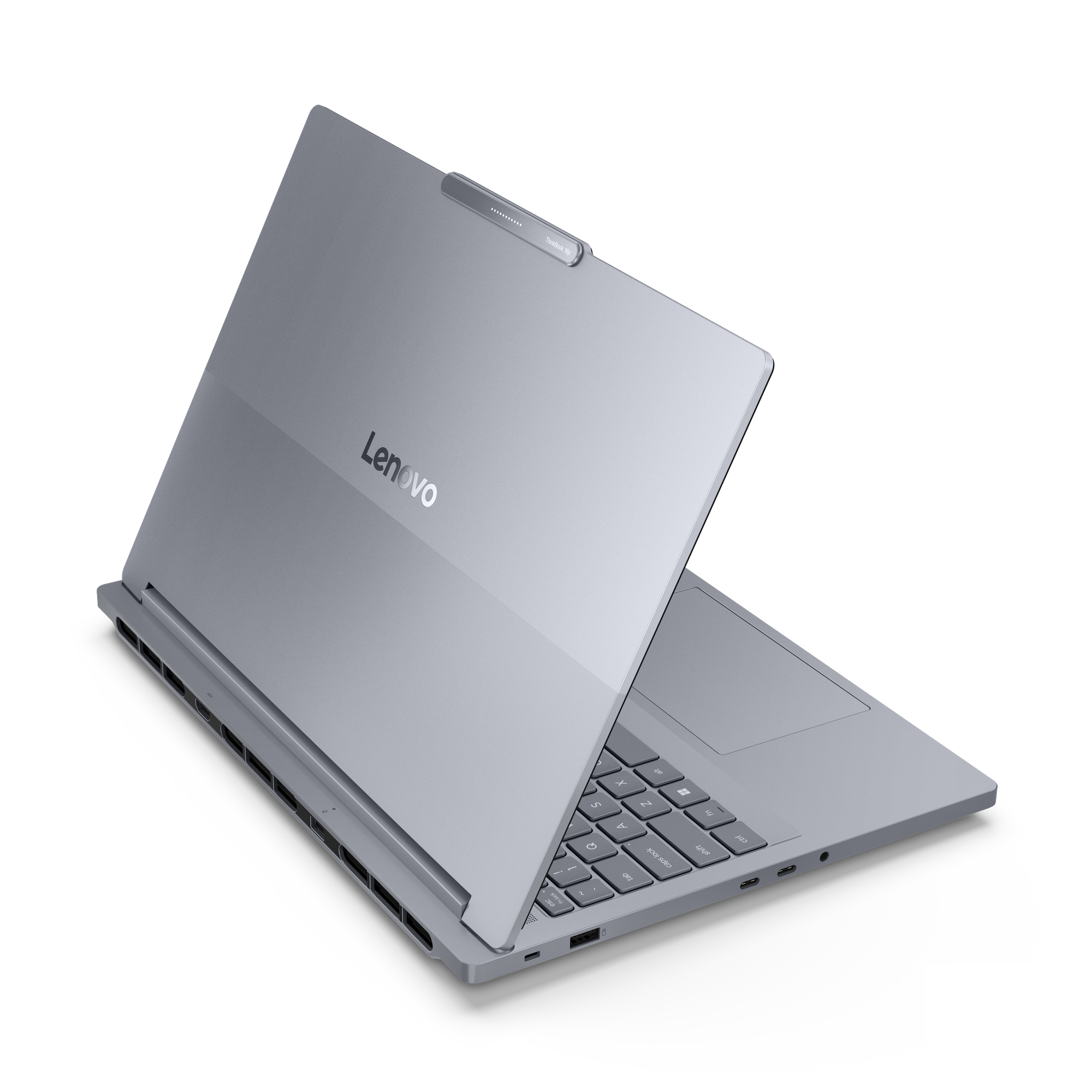 Ein silberner Lenovo-Laptop ist auf schwarzem Hintergrund geöffnet. Tastatur und Bildschirm sind sichtbar.