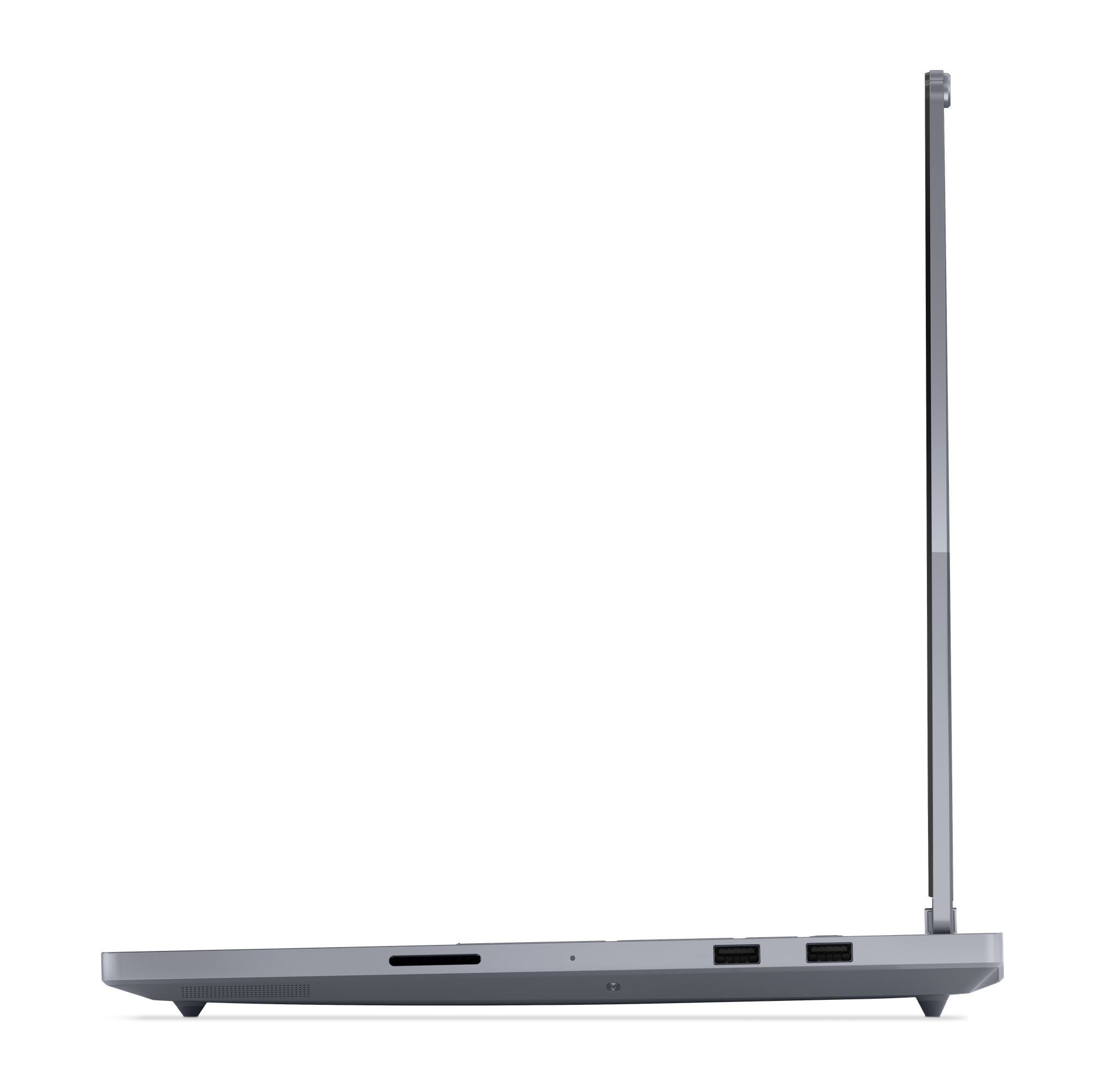 Seitenansicht eines grauen Laptops mit geöffnetem Bildschirm. Anschlüsse sind an der Seite sichtbar. Schwarzer Hintergrund.
