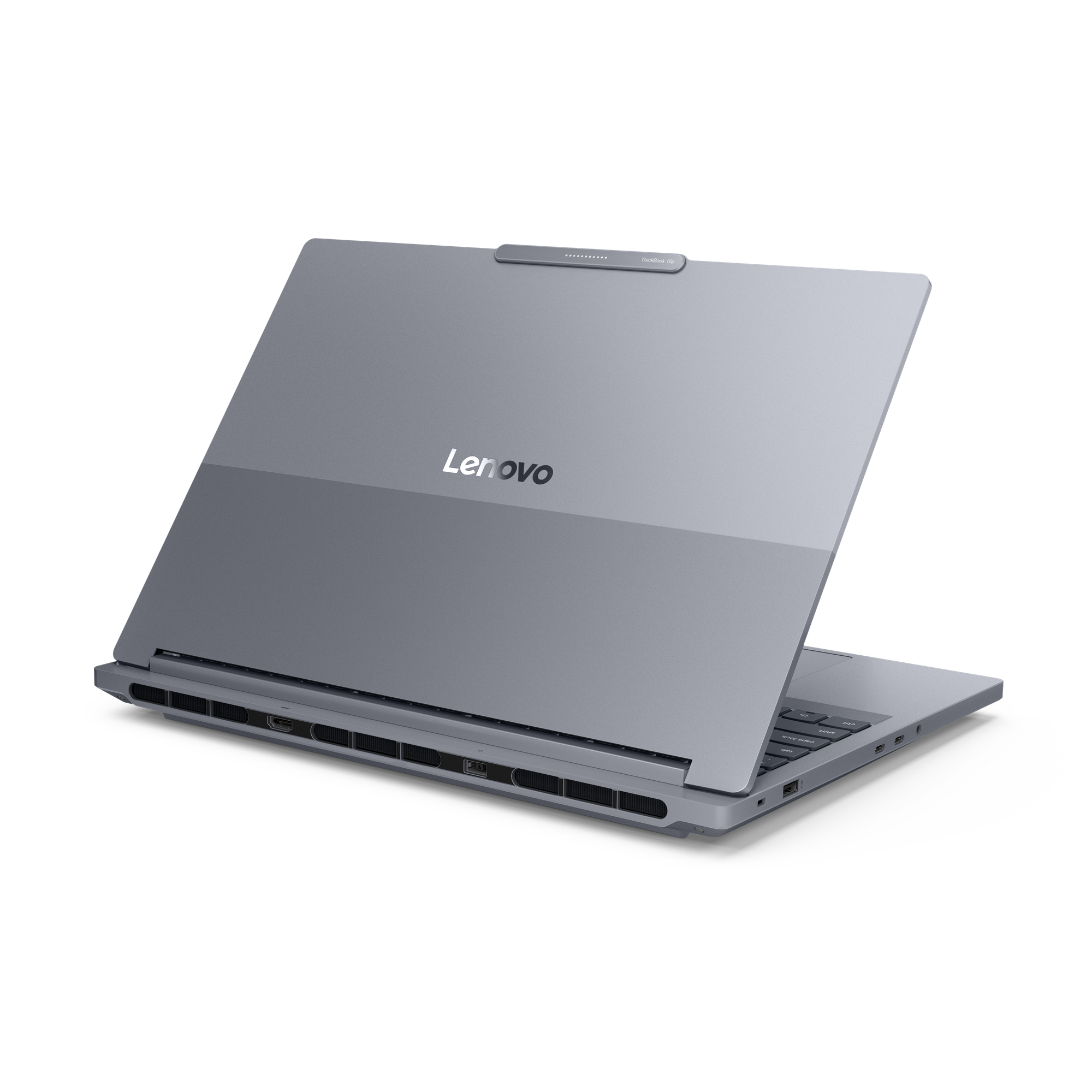 Ein silberner Lenovo-Laptop ist auf schwarzem Hintergrund geöffnet. Das Logo ist sichtbar. Der Bildschirm ist geneigt.