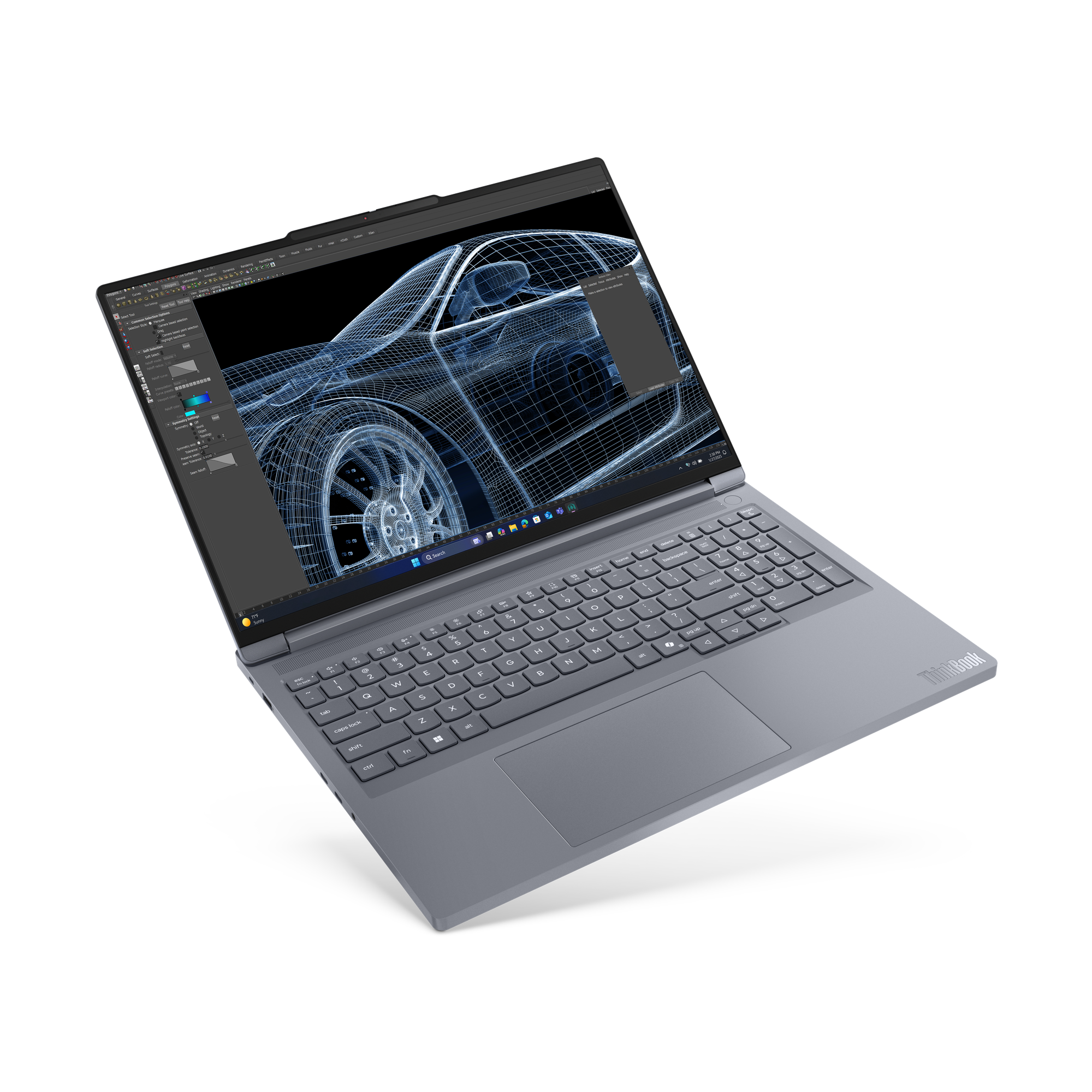 Ein grauer ThinkBook-Laptop zeigt ein Drahtmodell eines Autos. Der Laptop befindet sich auf schwarzem Grund.