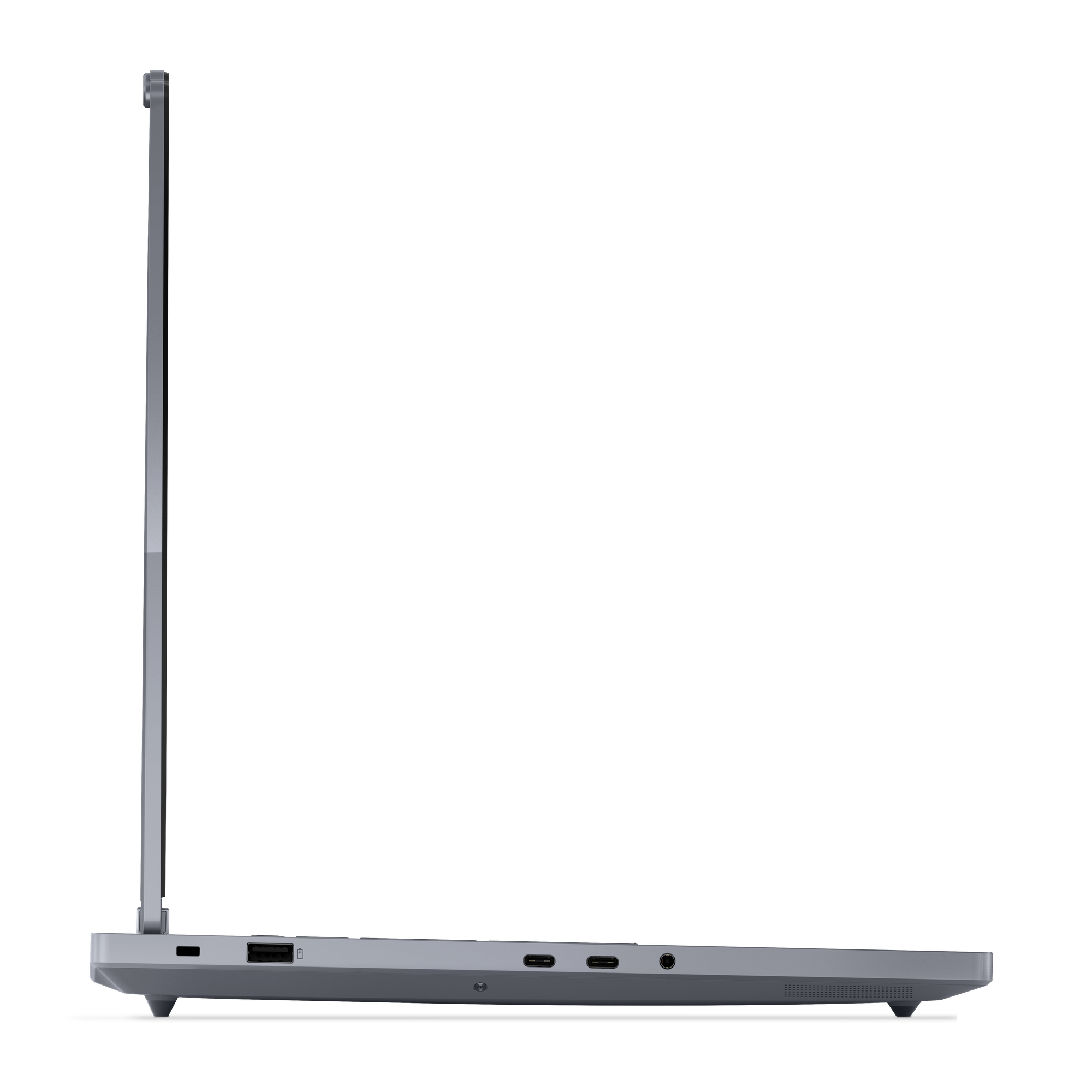 Seitenansicht eines silbernen Laptops vor schwarzem Hintergrund. Anschlüsse und Scharnier sind sichtbar.