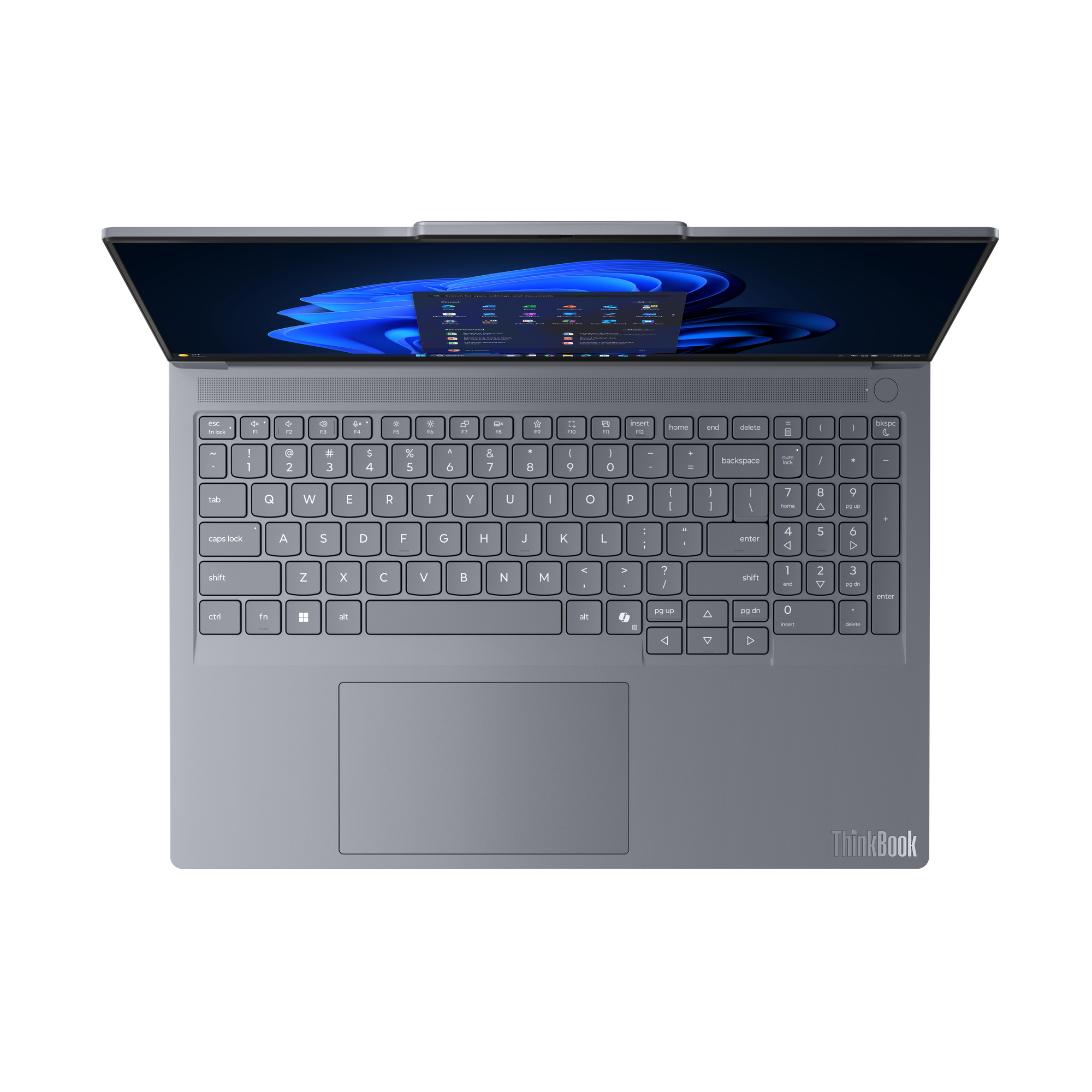 Ein geöffnetes, graues ThinkBook-Laptop mit Tastatur, Touchpad und Bildschirm, der eine Windows-Oberfläche zeigt, vor schwarzem Hintergrund.