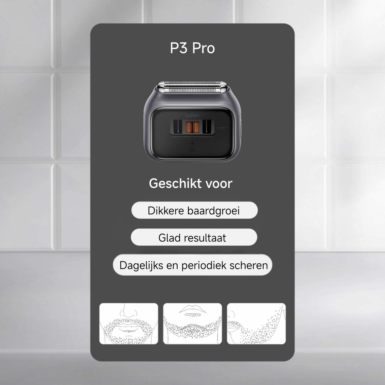 An advertisement for the P3 Pro shaver. It features the shaver, text in Dutch, and illustrations of beard styles. Background is tile.