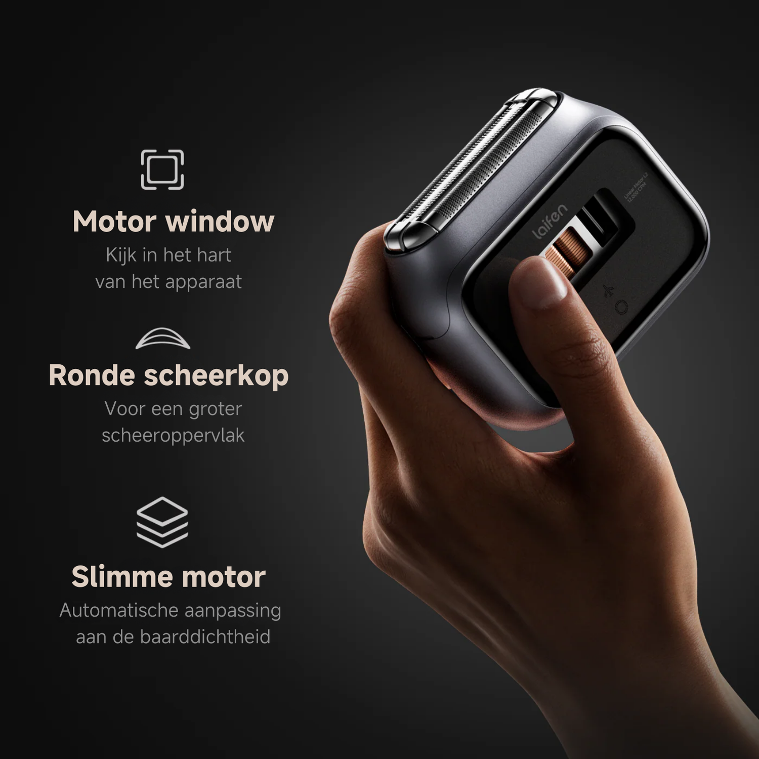 A hand holds a dark gray electric shaver against a dark background. Text describes the shaver's features.