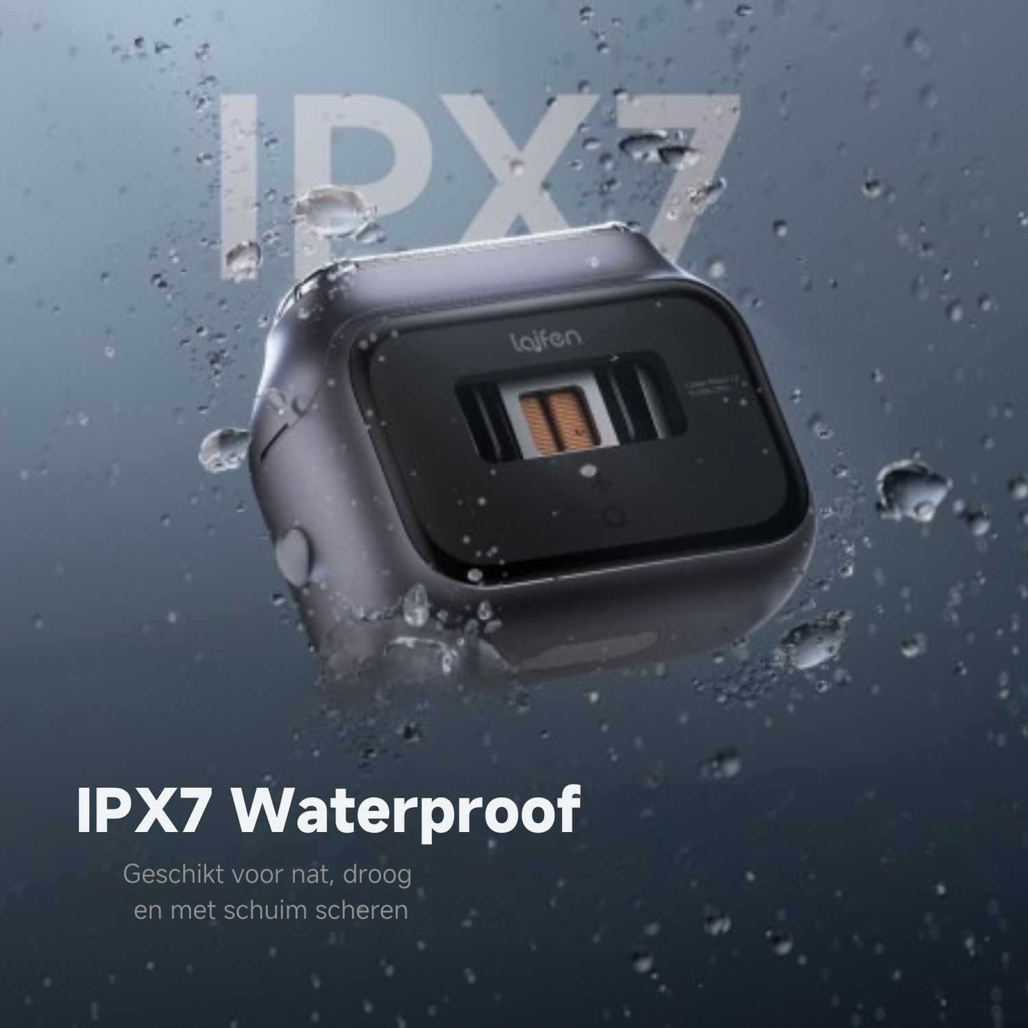 Black device with water drops, IPX7 waterproof. Text: Suitable for wet, dry and foam shaving.