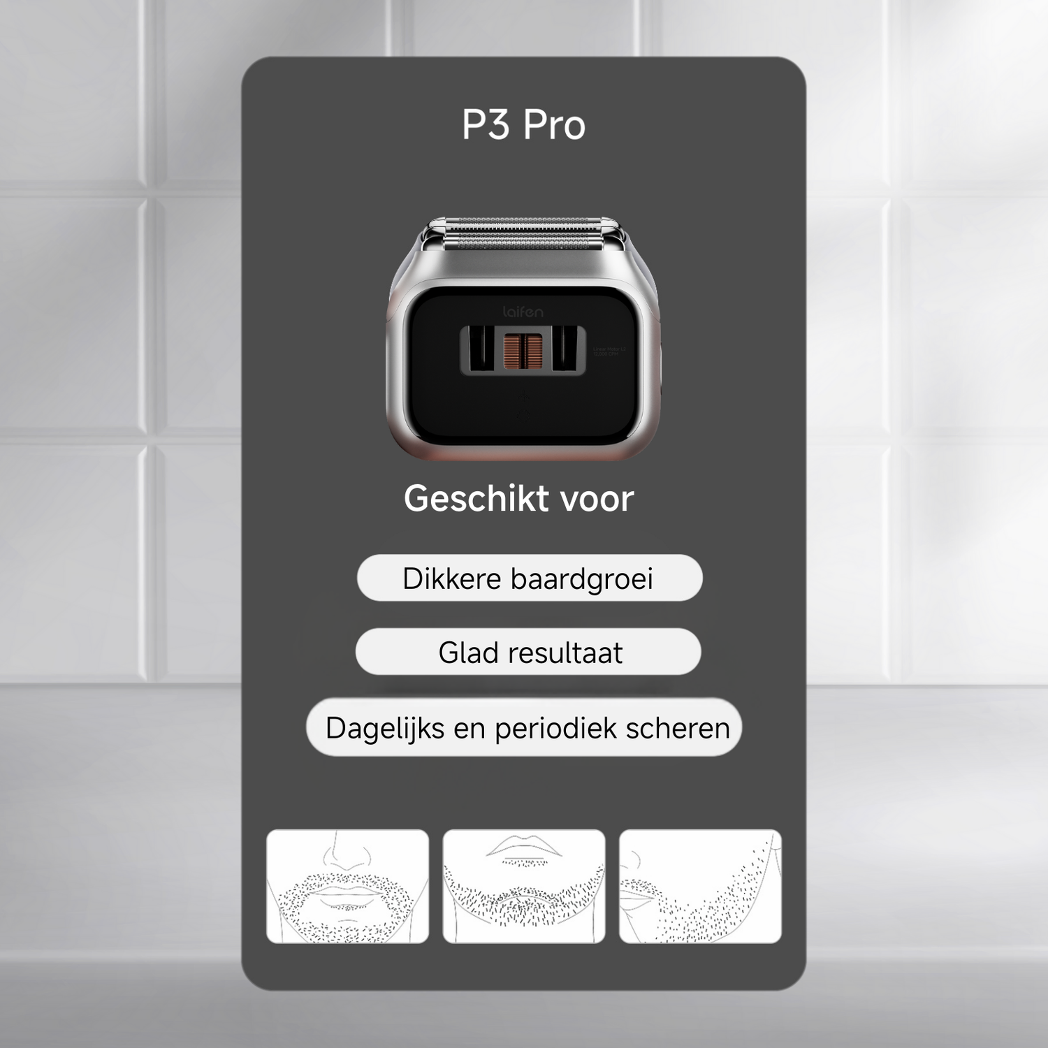 Image shows a black and silver electric shaver labeled P3 Pro. It displays text in Dutch about features and beard styles.