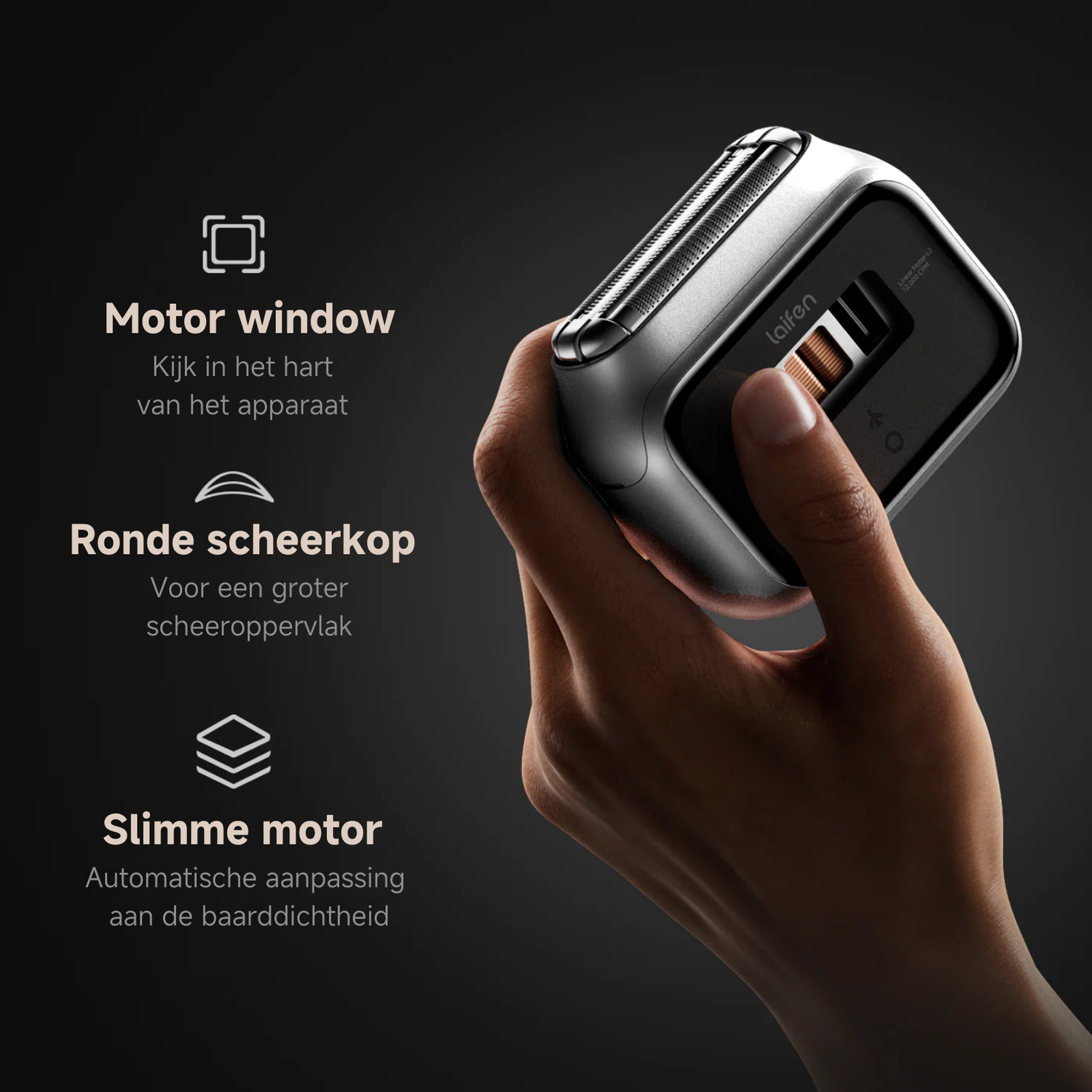 A hand holding a silver and black electric shaver with the brand name 'laifen' on it. Text and icons are in the background.