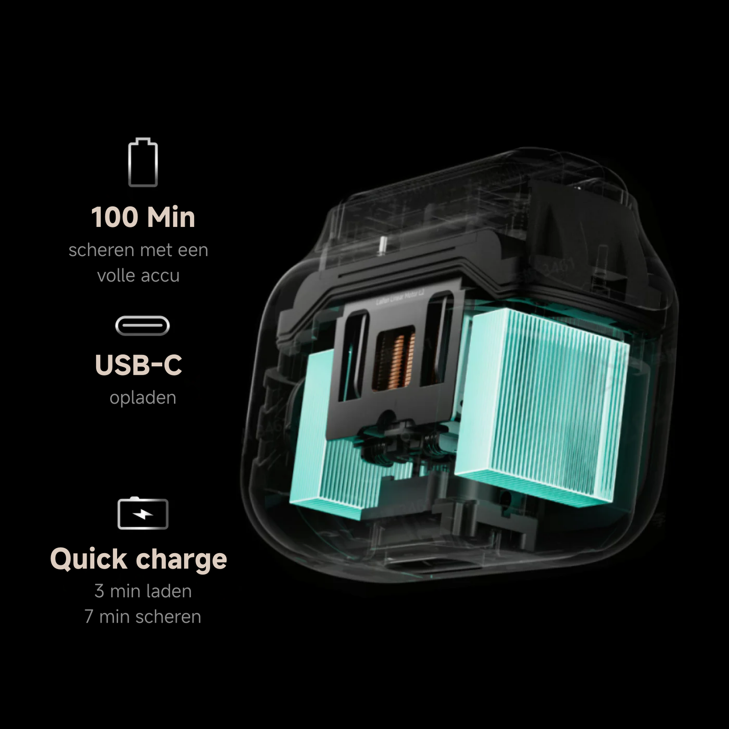 Cutaway view of a black shaver, highlighting internal components with blue accents. Text indicates 100 min use, USB-C charging, and quick charge.