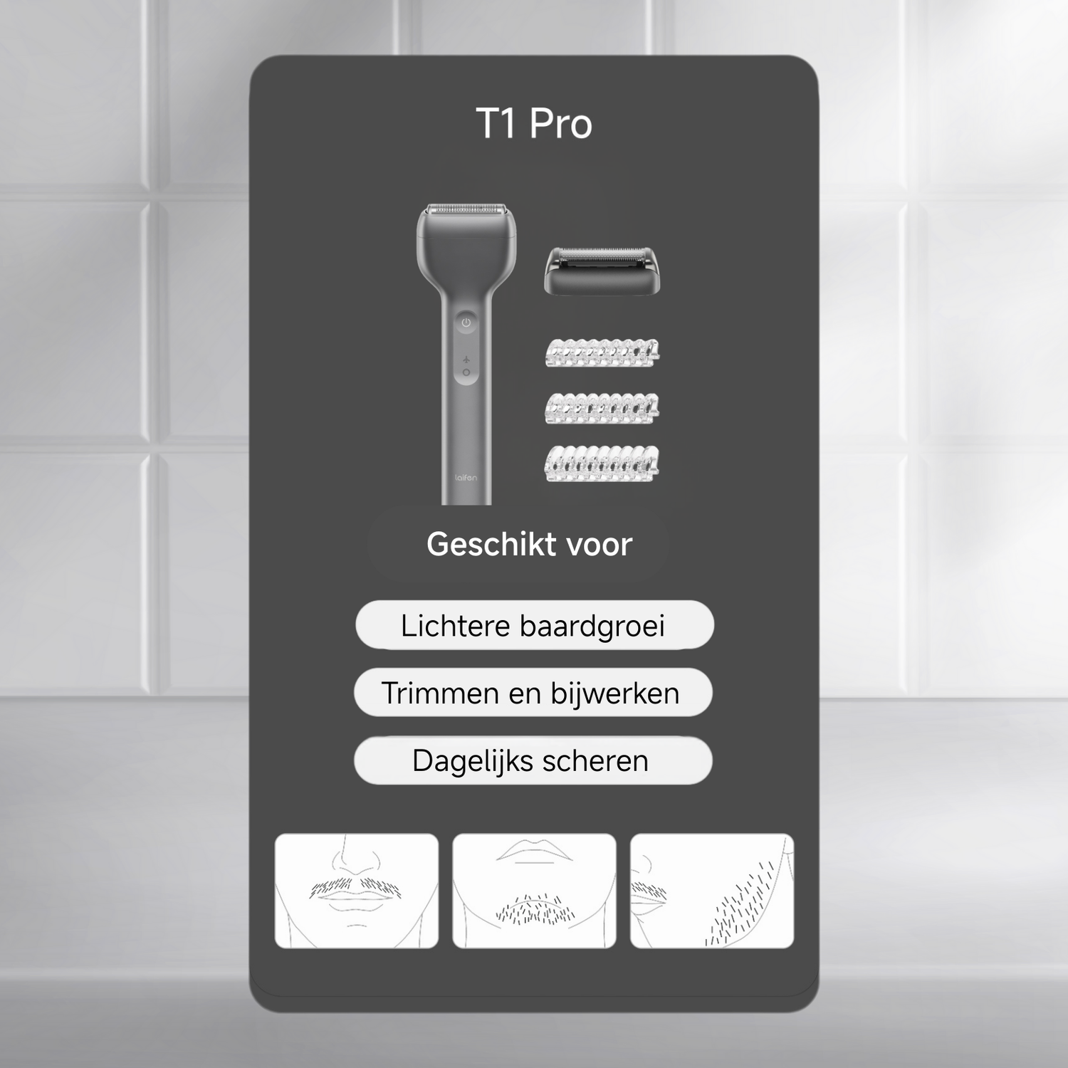 Publicité pour un rasoir T1 Pro. Il montre le rasoir, les accessoires et du texte en néerlandais sur ses utilisations.
