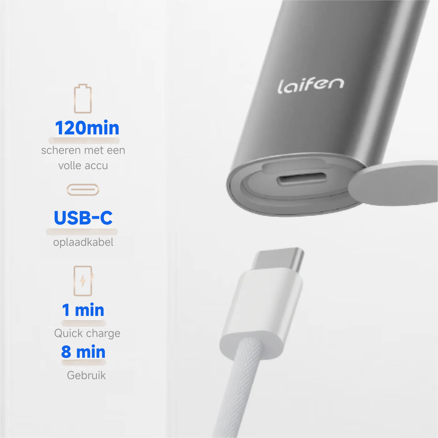 Un appareil Laifen gris avec un port USB-C, un câble de charge blanc et du texte indiquant 120min d'utilisation, 1min de charge rapide et 8 min d'utilisation.
