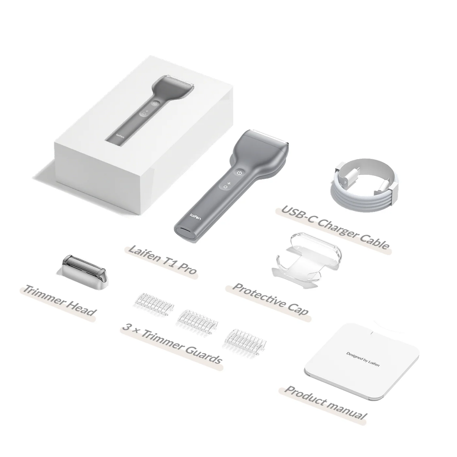 Un rasoir Laifen T1 Pro avec accessoires : câble USB-C, tête de coupe, protections, capuchon de protection et manuel, sur fond blanc.