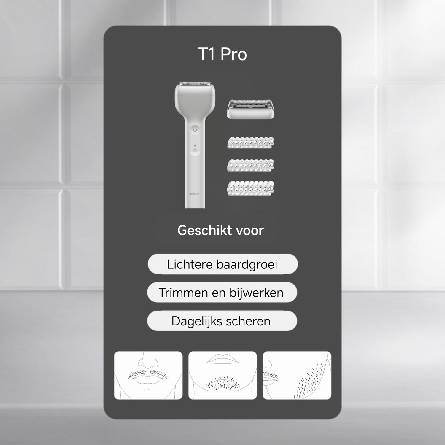 Image shows a T1 Pro shaver with different heads and diagrams of beard styles. Text mentions use for light beard growth, trimming, and daily shaving.