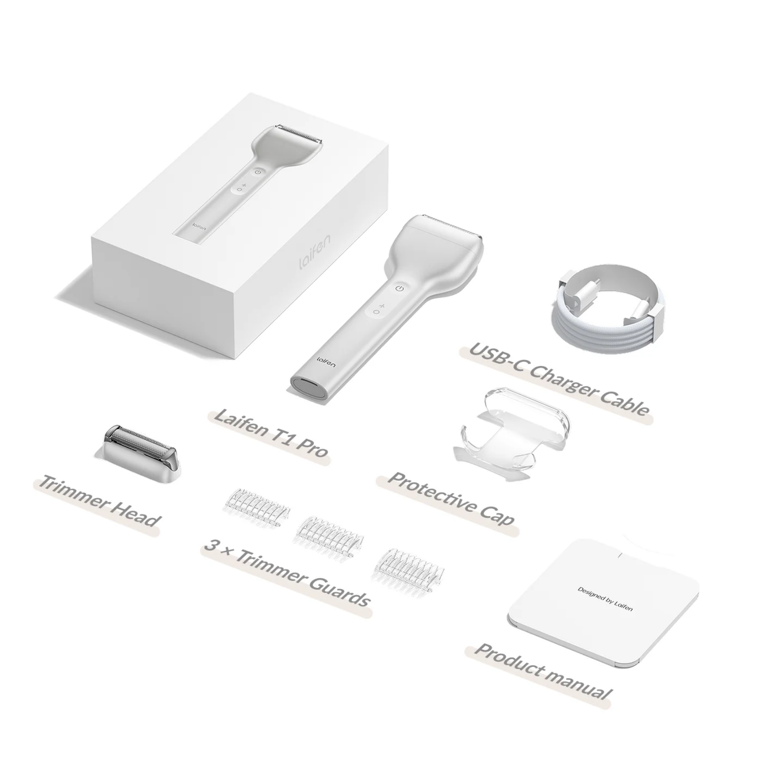 White Laifen T1 Pro with accessories including trimmer head, guards, USB-C cable, protective cap, and product manual. All on white background.