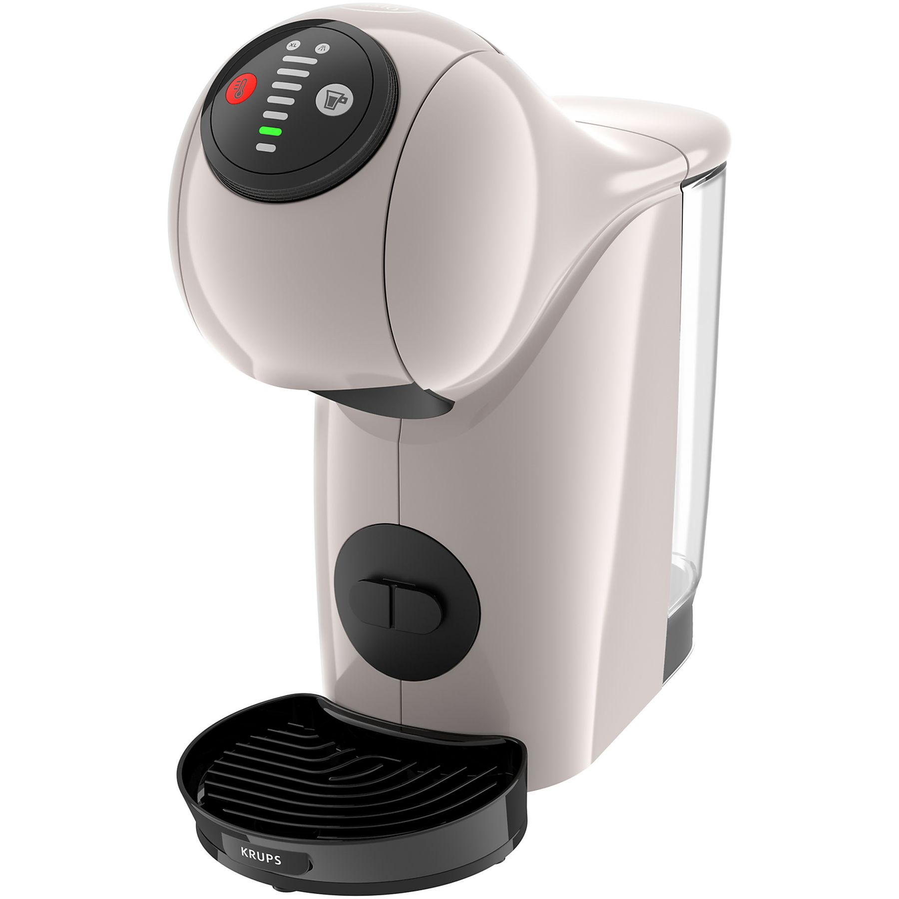 Kremowy ekspres do kawy Krups z czarnymi akcentami. Ma podstawkę na filiżanki, zbiornik na wodę i panel sterowania ze światłami.