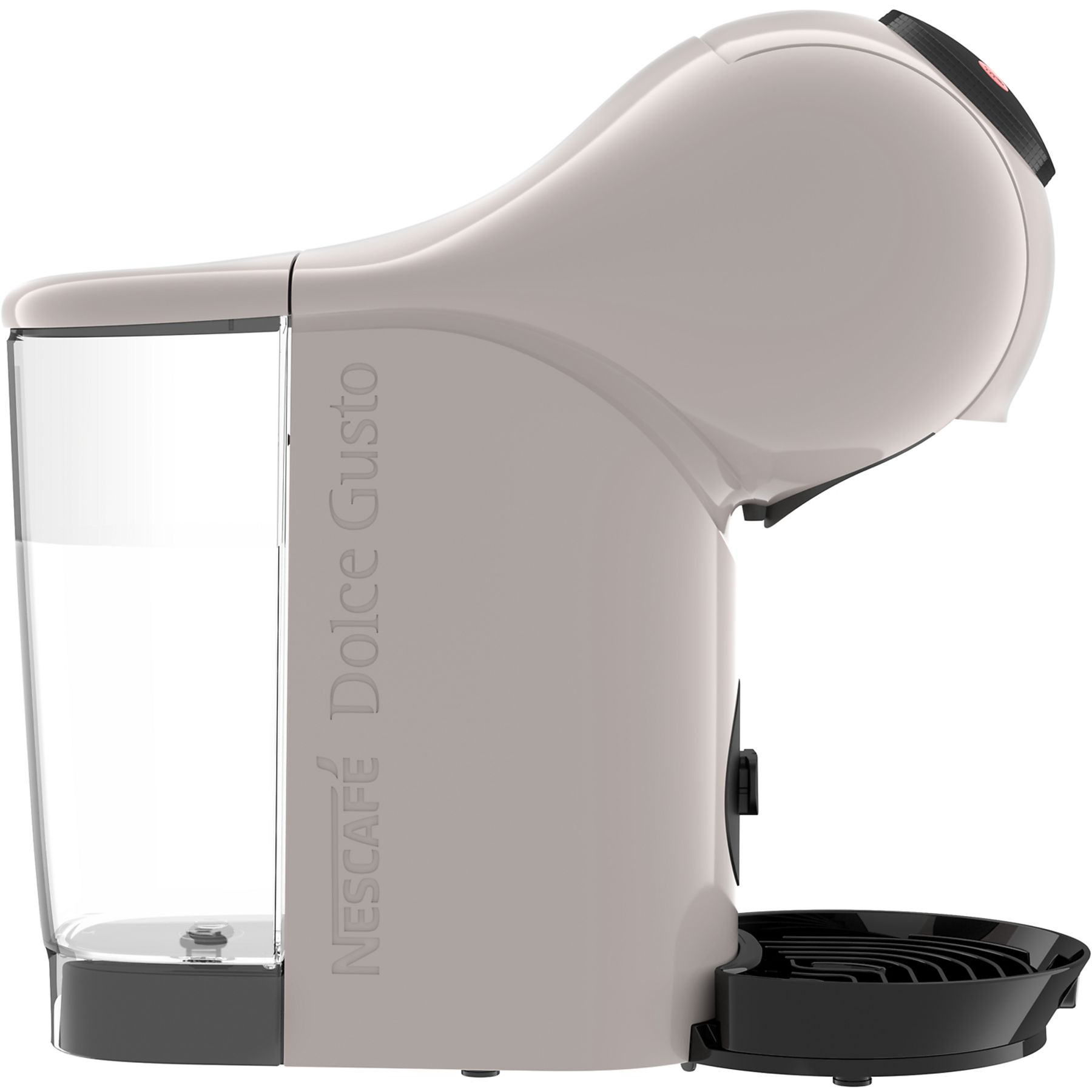 Jasnoszary ekspres do kawy Dolce Gusto. Posiada zbiornik na wodę i czarną tackę ociekową. Logo znajduje się z boku.