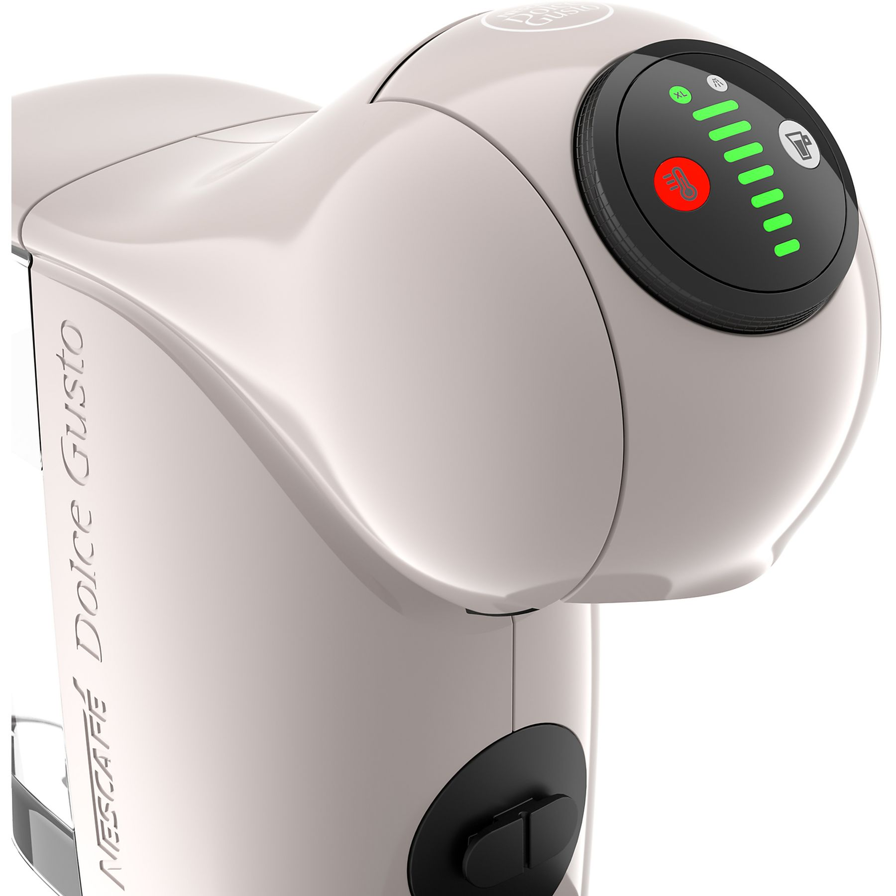 Kremowy ekspres do kawy Dolce Gusto. Ma czarny panel sterowania z zielonymi i czerwonymi światłami.