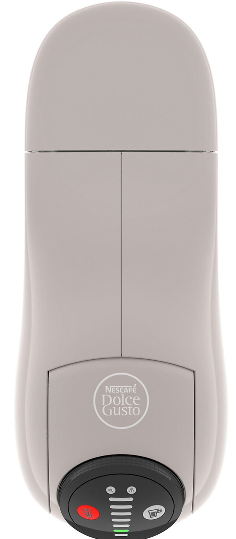 Jasnoszary ekspres do kawy Dolce Gusto. Ma czarną podstawę z pokrętłem i logo. Maszyna stoi na białym tle.