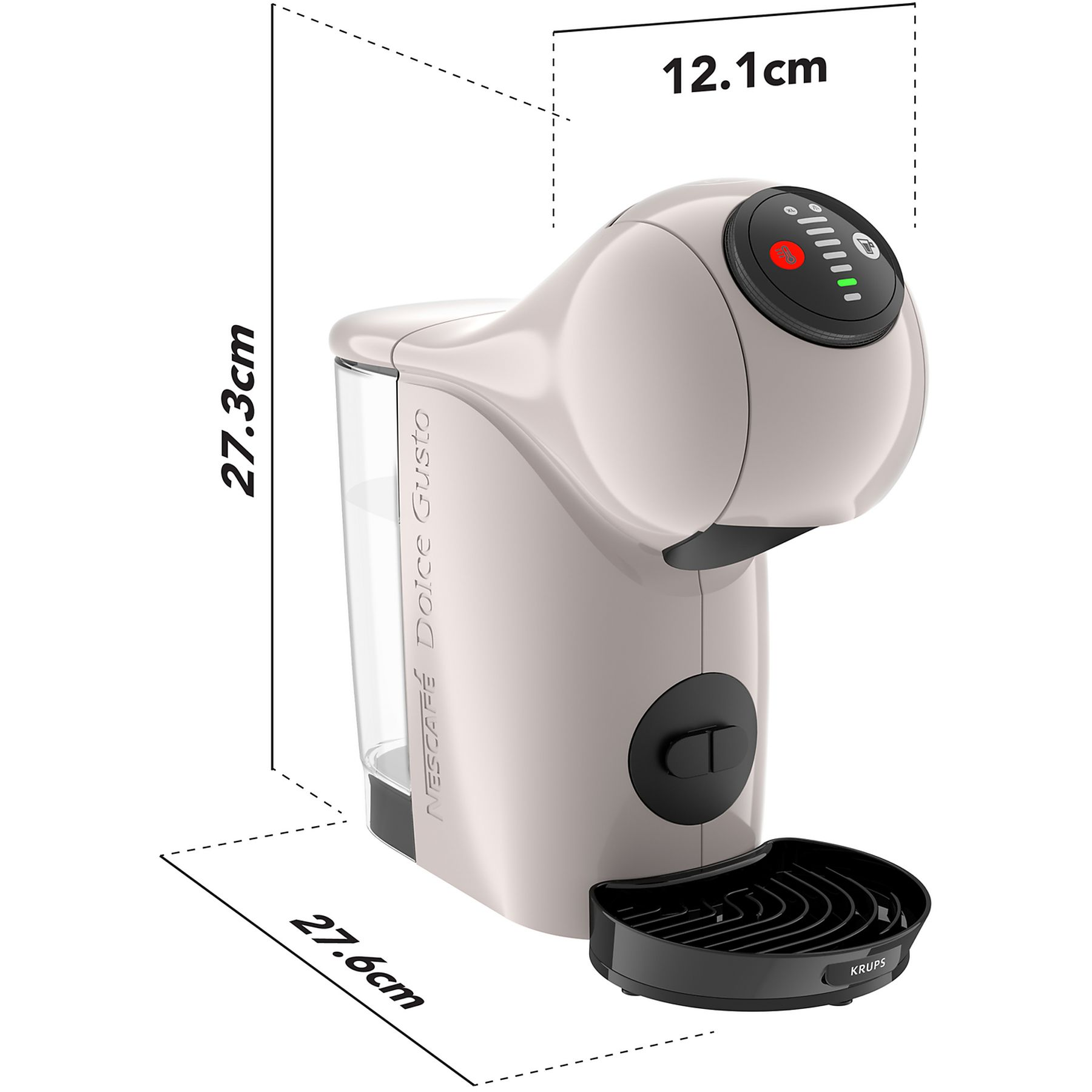 Jasnobeżowy ekspres do kawy Nescafe Dolce Gusto. Wymiary zaznaczono liniami przerywanymi. Posiada czarną tackę ociekową i panel sterowania.