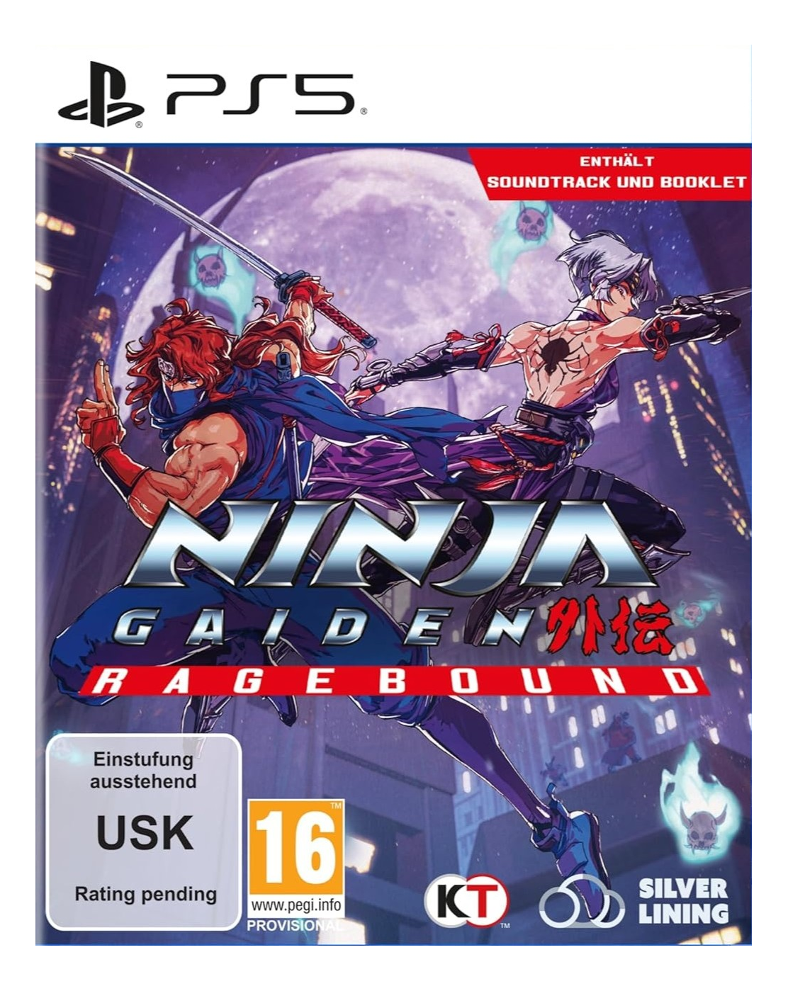 Copertina di Ninja Gaiden: Ragebound. Due ninja con spade si affrontano. Il logo del gioco è al centro, con il logo PS5 in alto.
