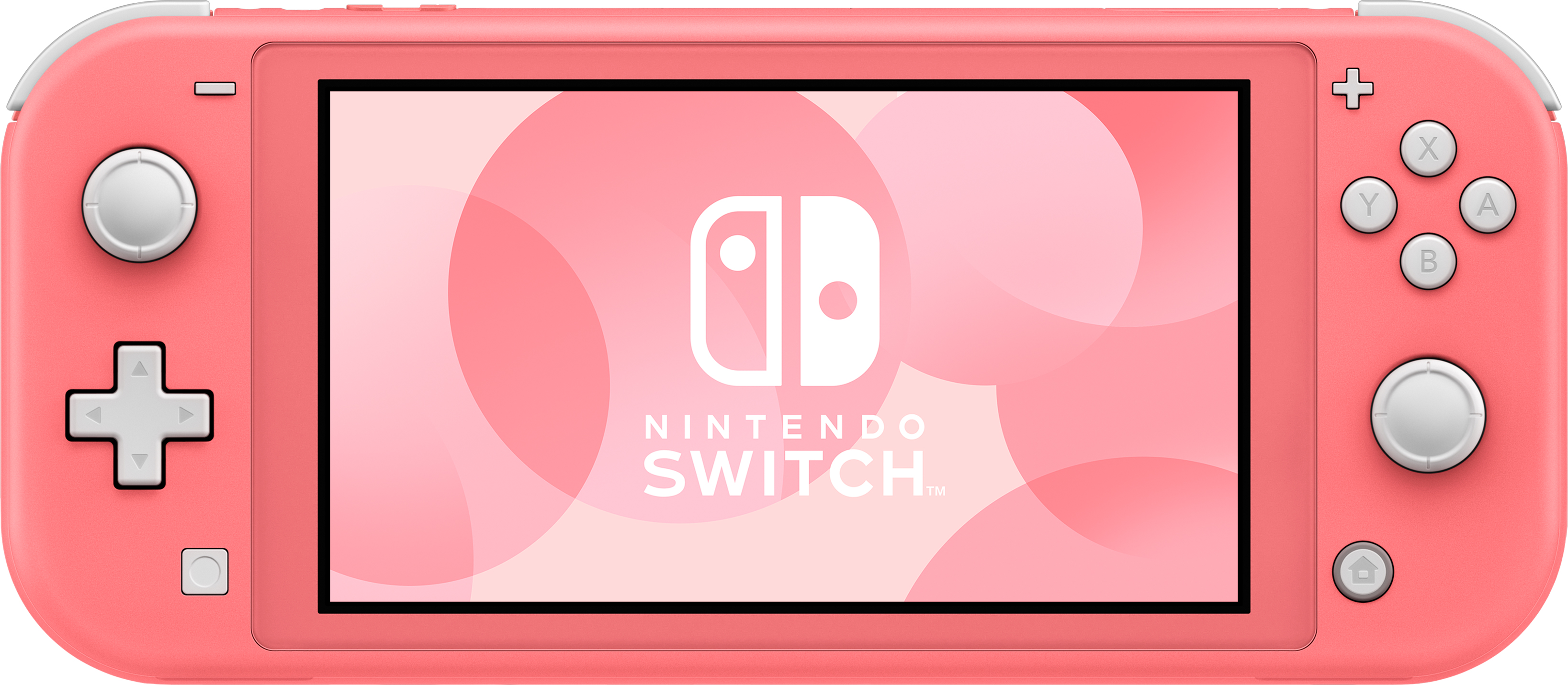 Una Nintendo Switch Lite rosa corallo. Ha uno schermo che mostra il logo Nintendo Switch. I pulsanti e i controlli sono visibili.
