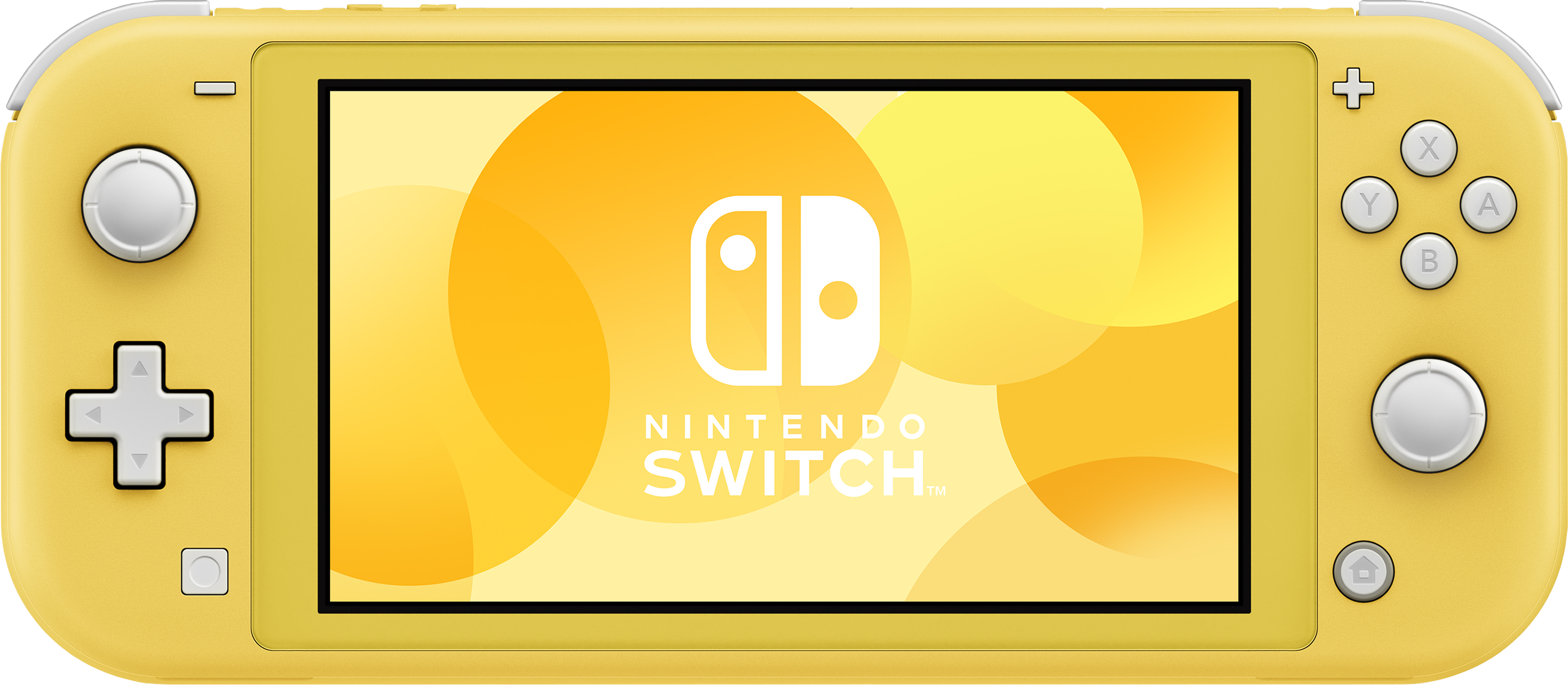 Nintendo Switch Lite giallo. Lo schermo mostra il logo Nintendo Switch. I pulsanti includono croce direzionale, pulsanti e joystick.