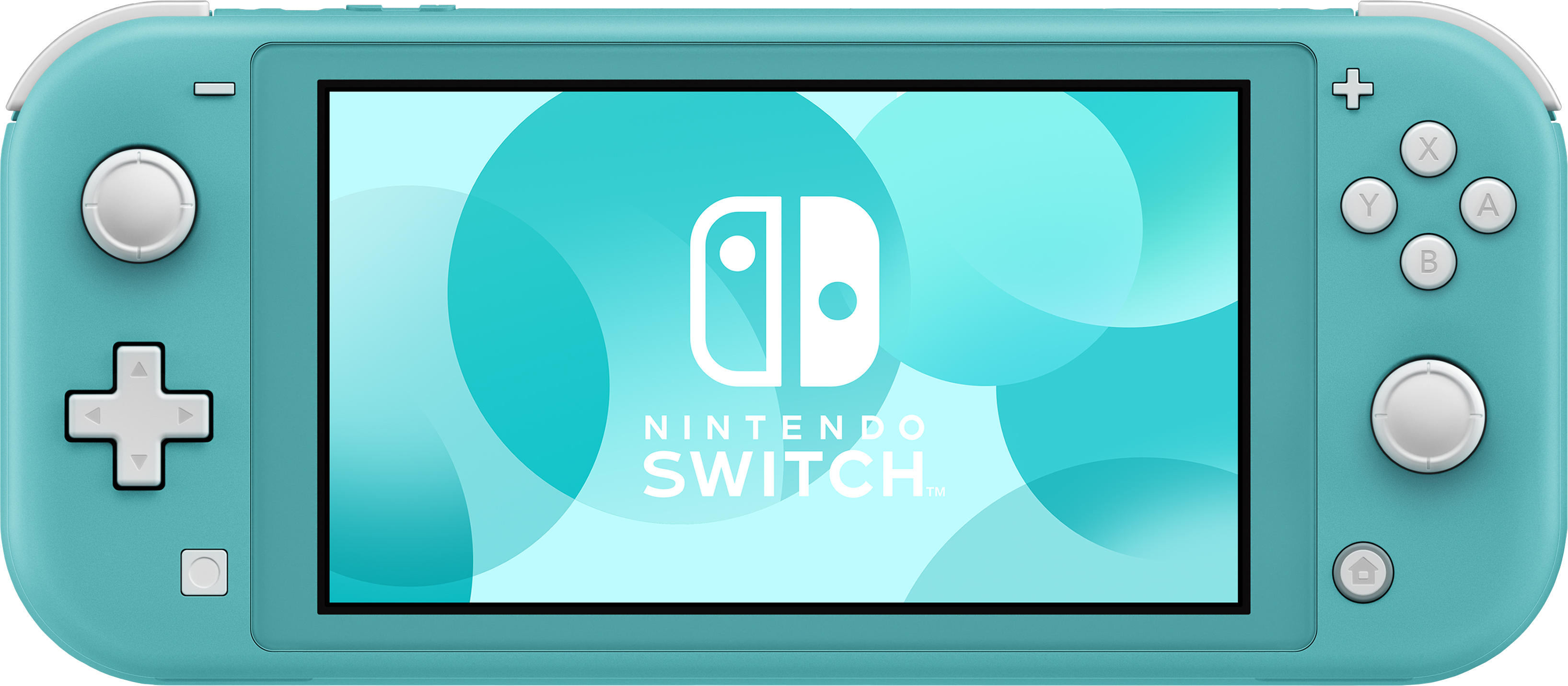 Eine teal Nintendo Switch Lite-Konsole. Der Bildschirm zeigt das Nintendo Switch-Logo. Tasten und Bedienelemente sind sichtbar.