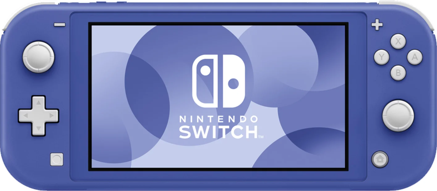 Eine blaue Nintendo Switch Lite Konsole mit einem Bildschirm, auf dem das Nintendo Switch Logo angezeigt wird. Tasten und Bedienelemente sind sichtbar.