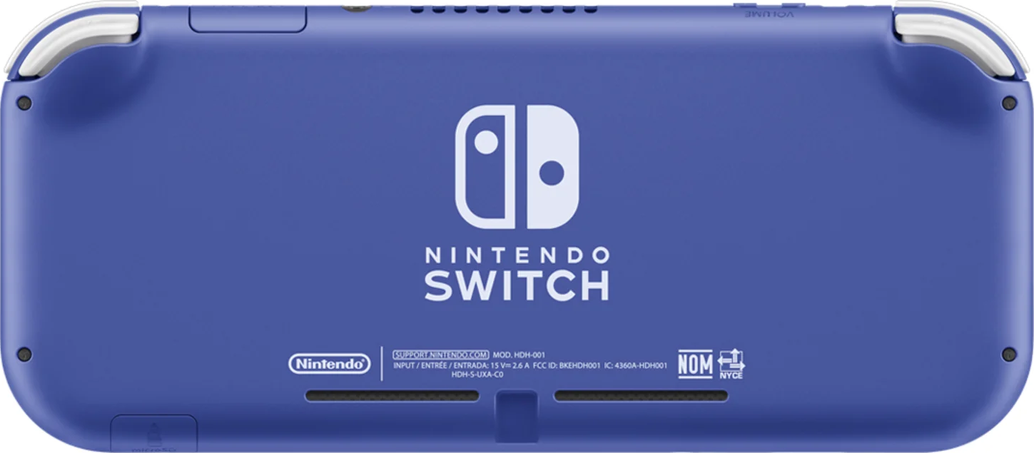 Rückseite einer blauen Nintendo Switch Lite. Das Nintendo Switch-Logo ist prominent. Text enthält Modell- und Eingabedetails.