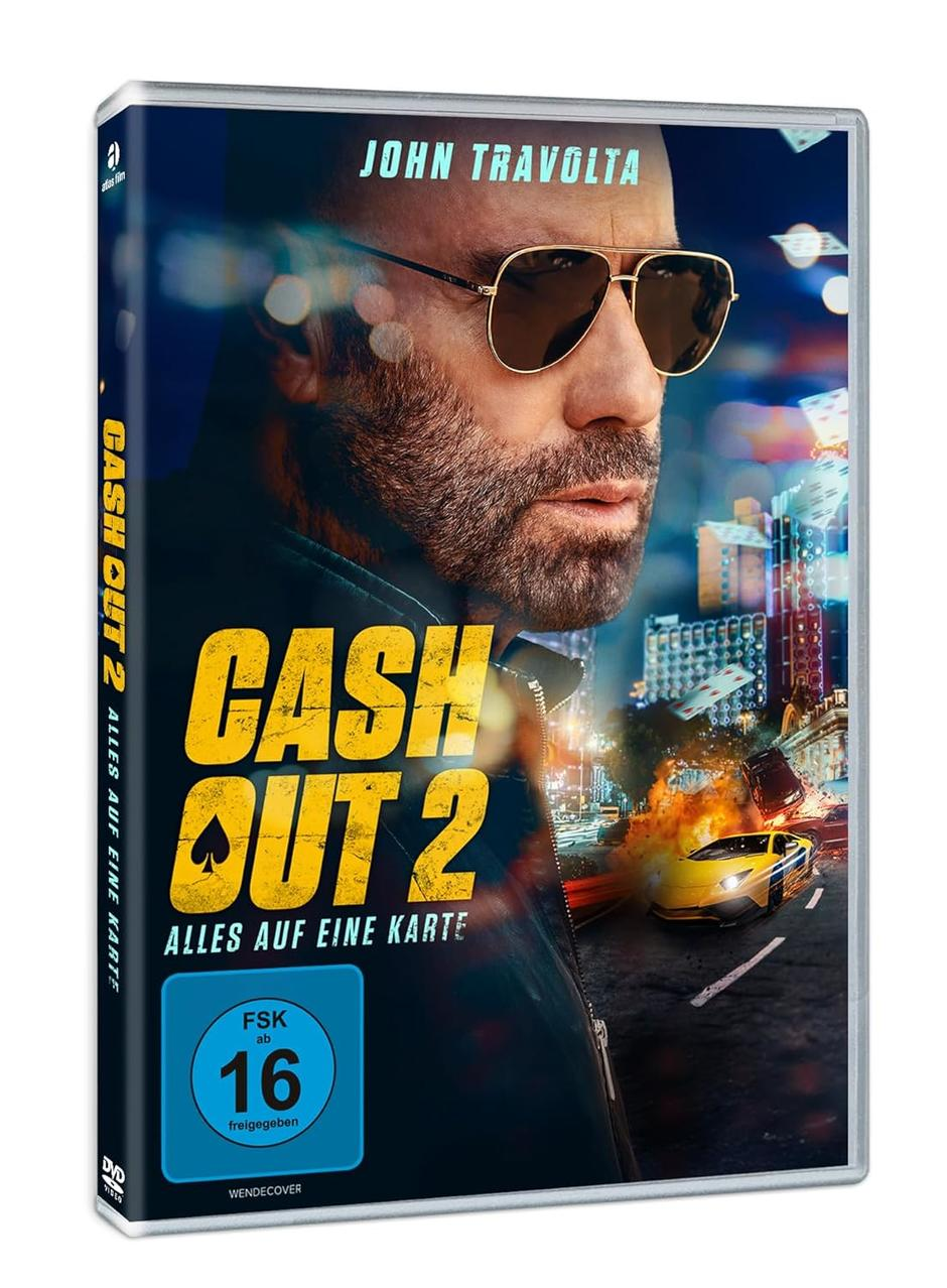 DVD-Cover von 'Cash Out 2'. John Travolta mit Sonnenbrille auf dem Cover. Autos und Stadtlichter im Hintergrund. FSK 16 Label.
