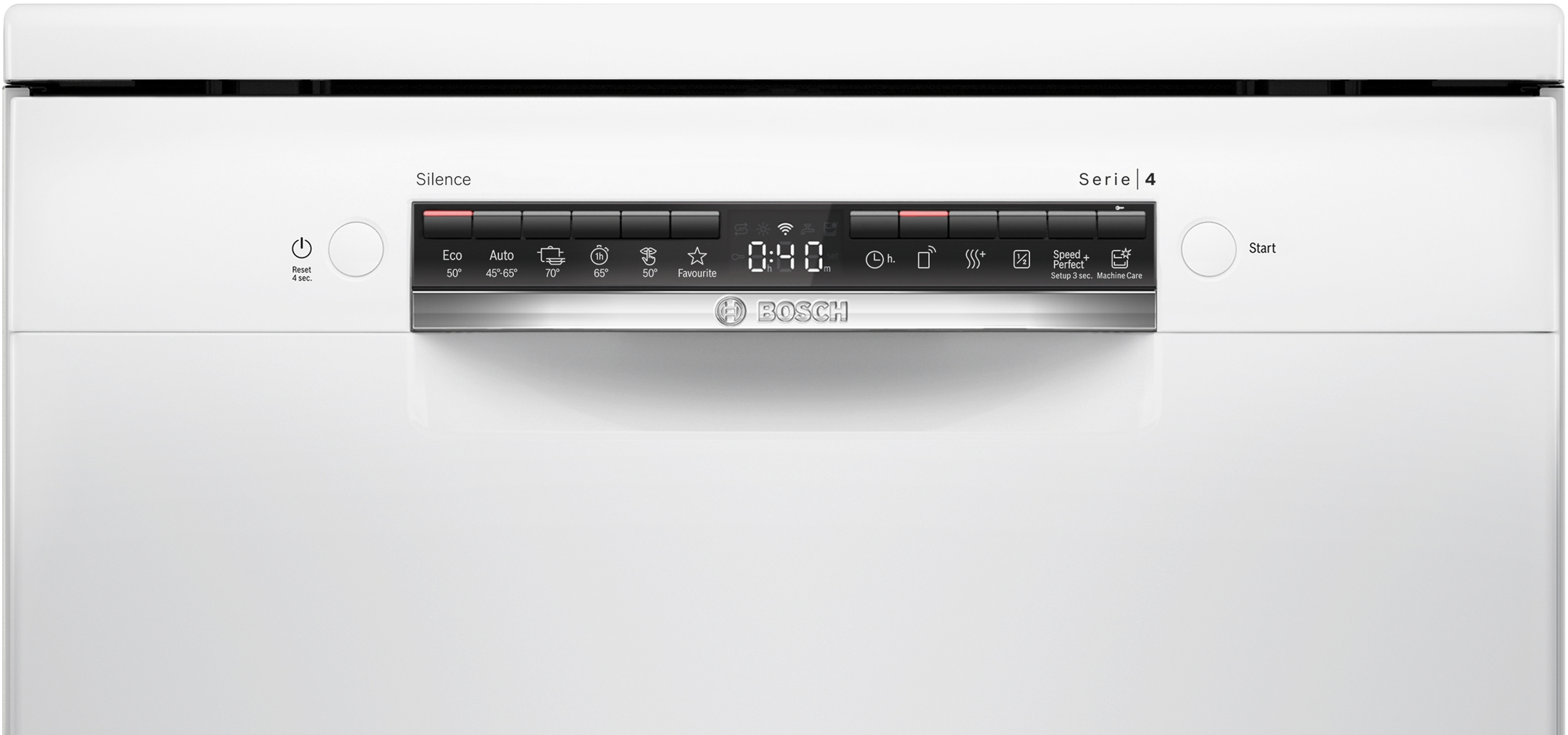 Ein weißer Bosch-Geschirrspüler. Er hat ein Bedienfeld mit Tasten und ein digitales Display mit Restzeit.