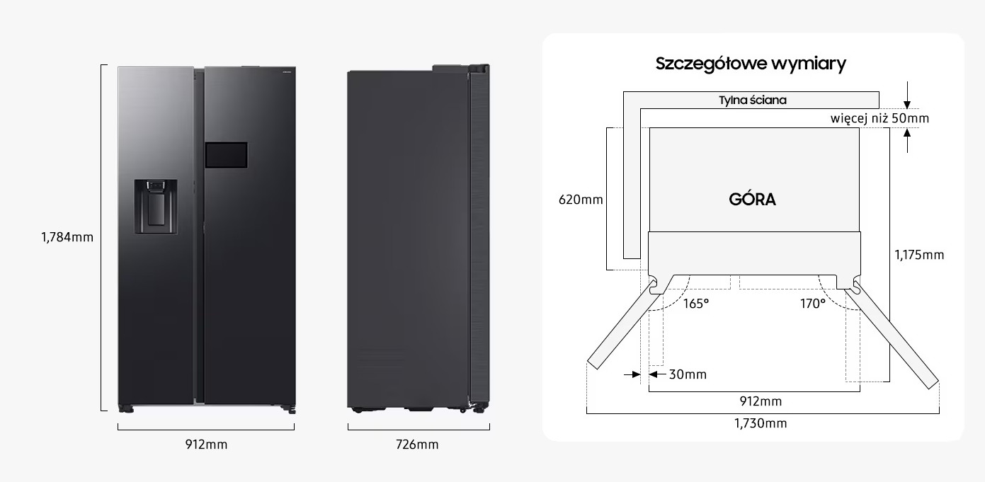Czarna lodówka z drzwiami obok siebie. Pokazano wymiary. Obecny jest również schemat tyłu i wymiarów.
